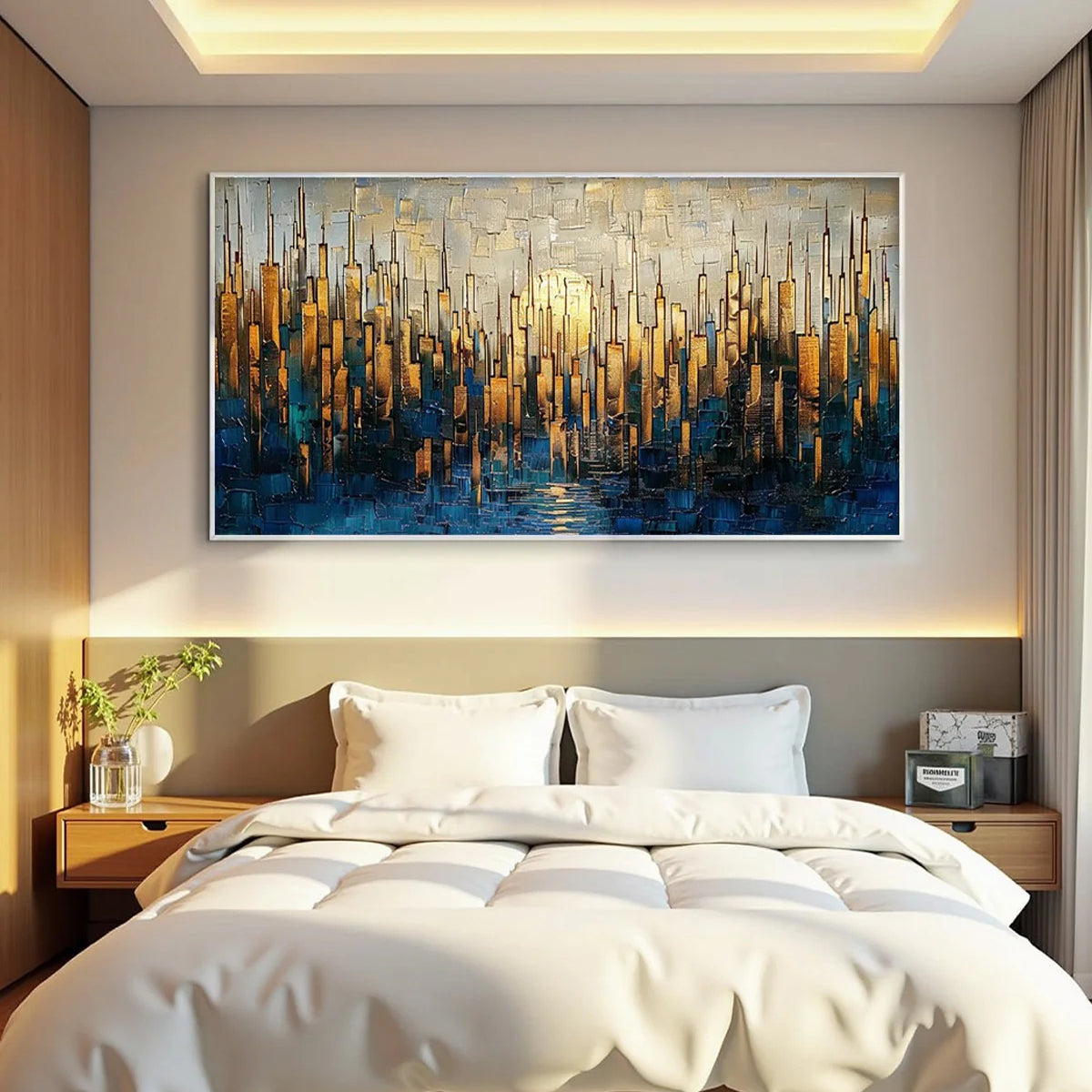 Glilded Horizon – Hand-Painted Blue and Gold Skyline Palette Knife Heavy Texture Oil Abstract Painting | Modern Abstract Living Room & Office Art