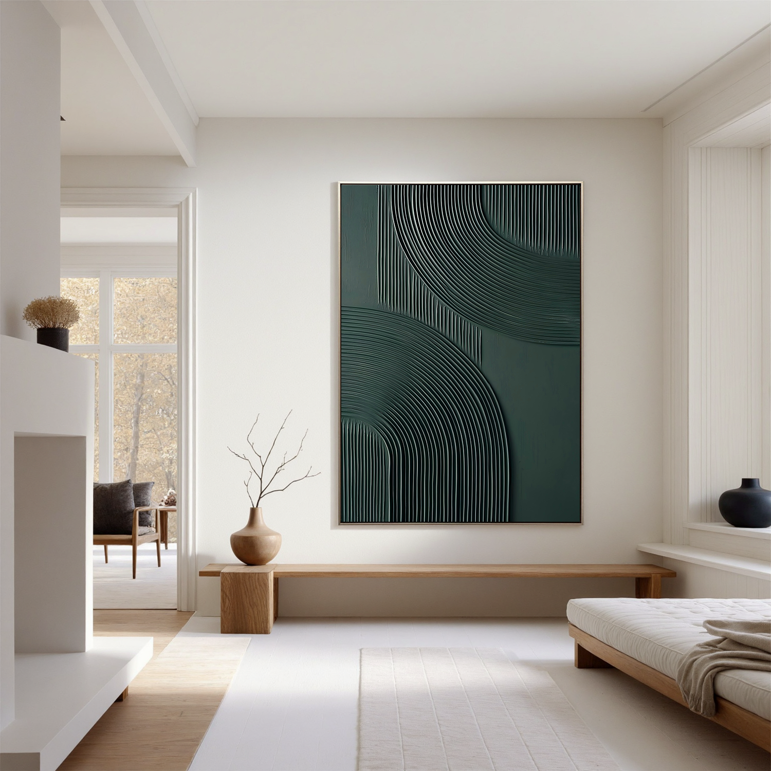 Forest Whispers – Mid-Century Modern Deep Green Textured Painting | Geometric Ribbed Plaster Hallway Art
