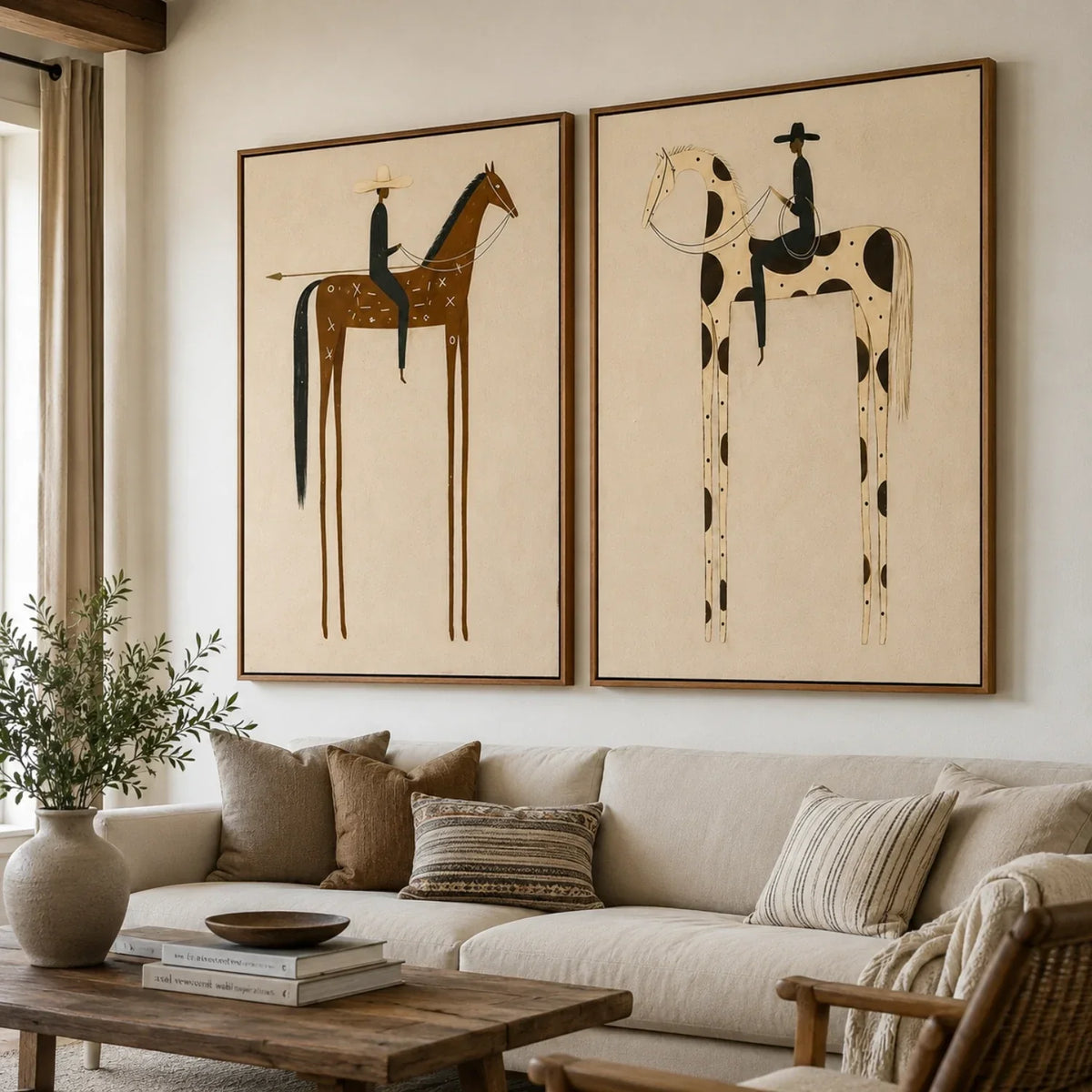 Tall Reins in Balance – Black Horse Rider Diptych | Minimalist Western Vertical Wall Art