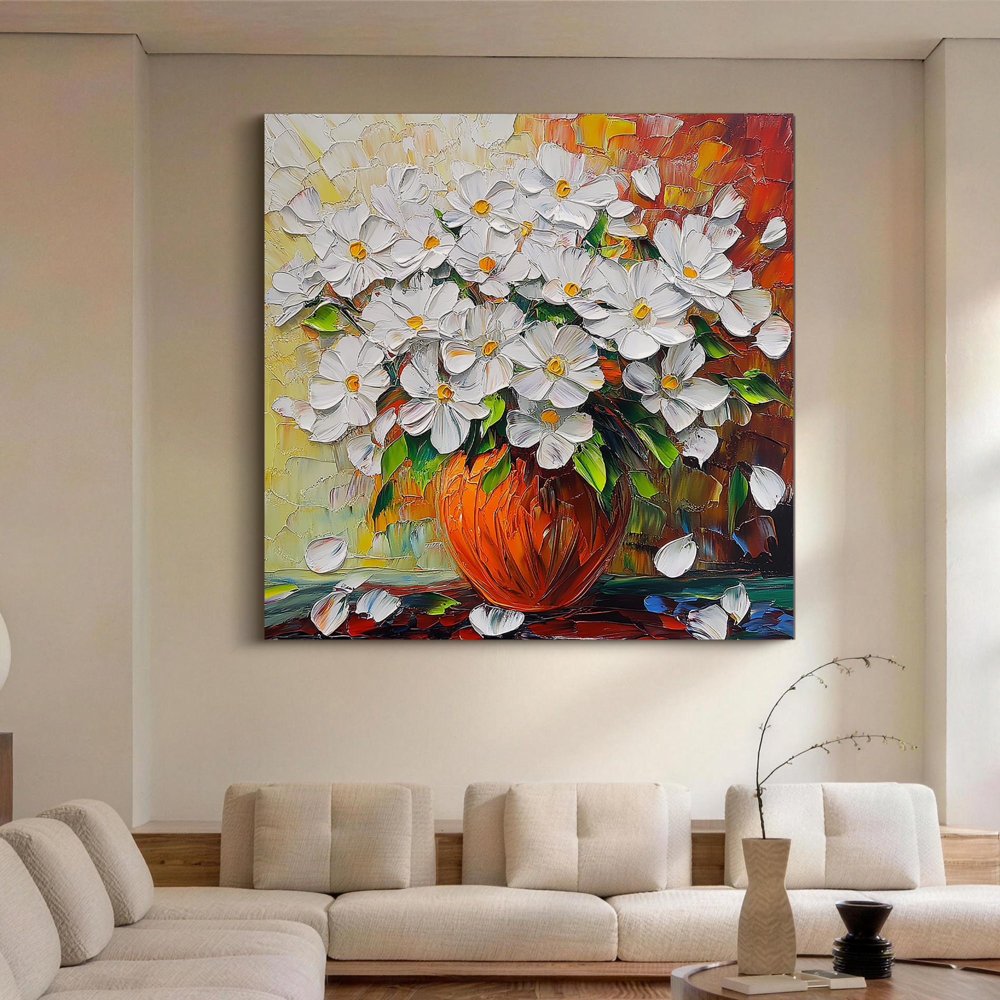 Sun-Drenched Bloom – Modern Impressionist Textured Daisy Painting | Vibrant Warm Tone Living Room Art
