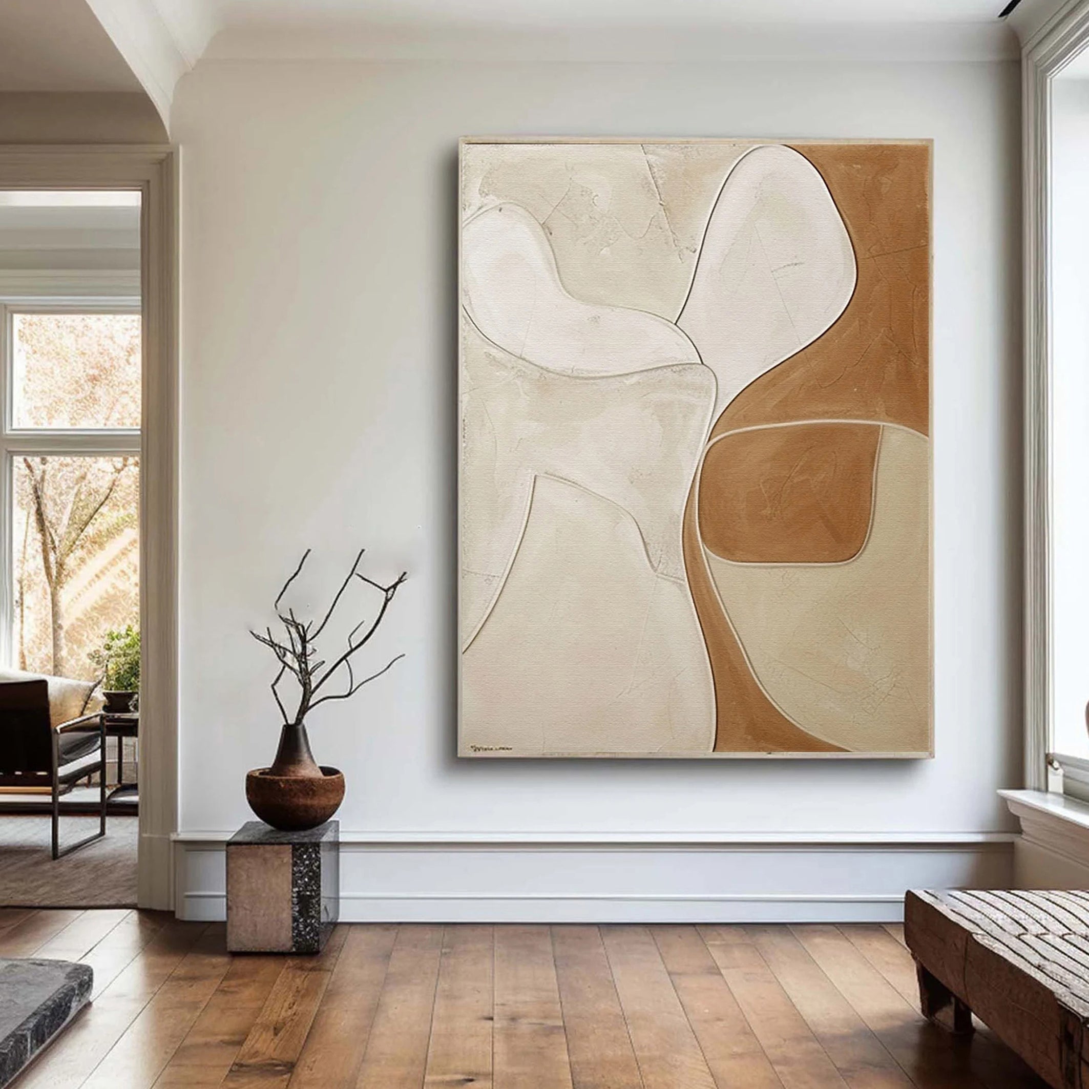 CREAMY CONTOUR: Texture Wall Art, Hand-Painted Minimalist Neutral Beige and Tan Plaster Effect Relief Studio Art