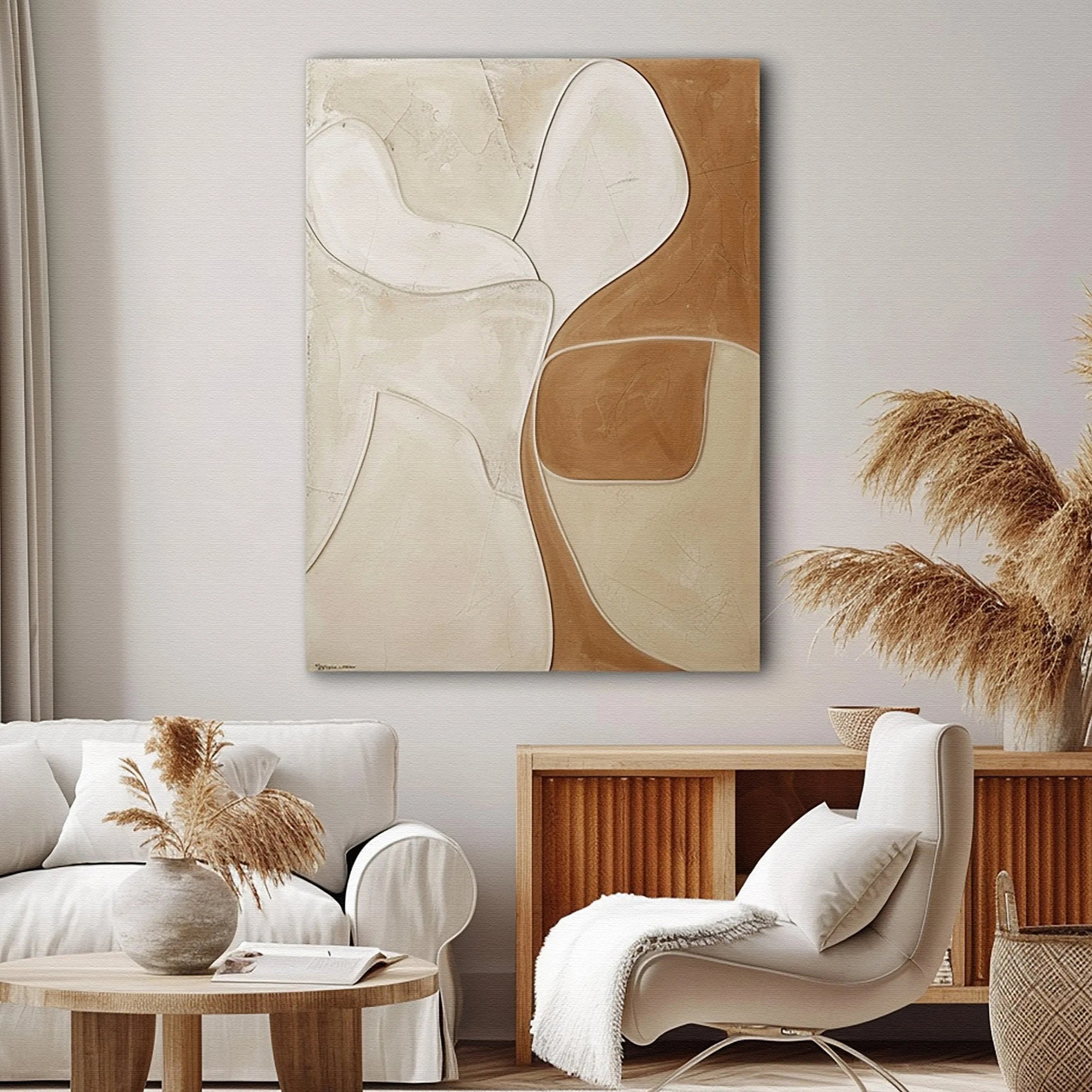 CREAMY CONTOUR: Texture Wall Art, Hand-Painted Minimalist Neutral Beige and Tan Plaster Effect Relief Studio Art