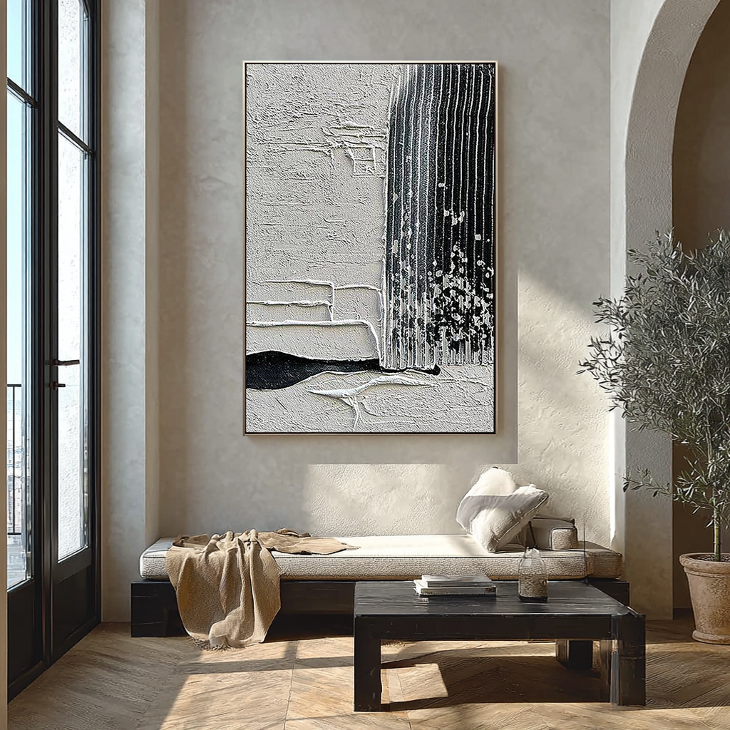 INDUSTRIAL RIDGE: Modern Abstract Minimalist Wall Art, Black & White Vertical Plaster Relief