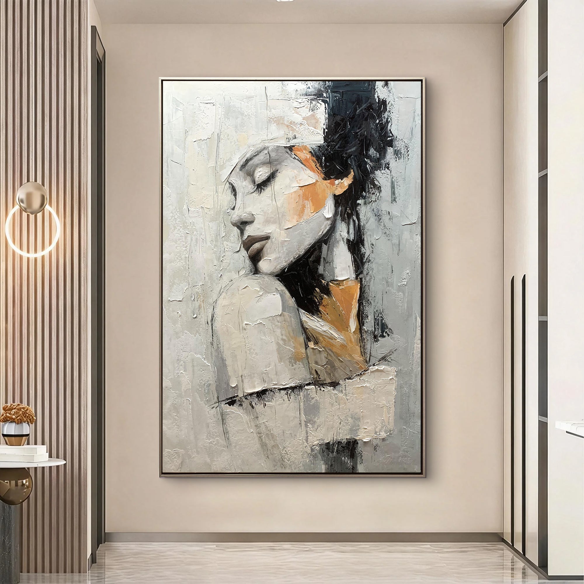 Silent Contemplation – Modern Luxury Expressionist Portrait Textured Painting | Premium Gray Bedroom Art