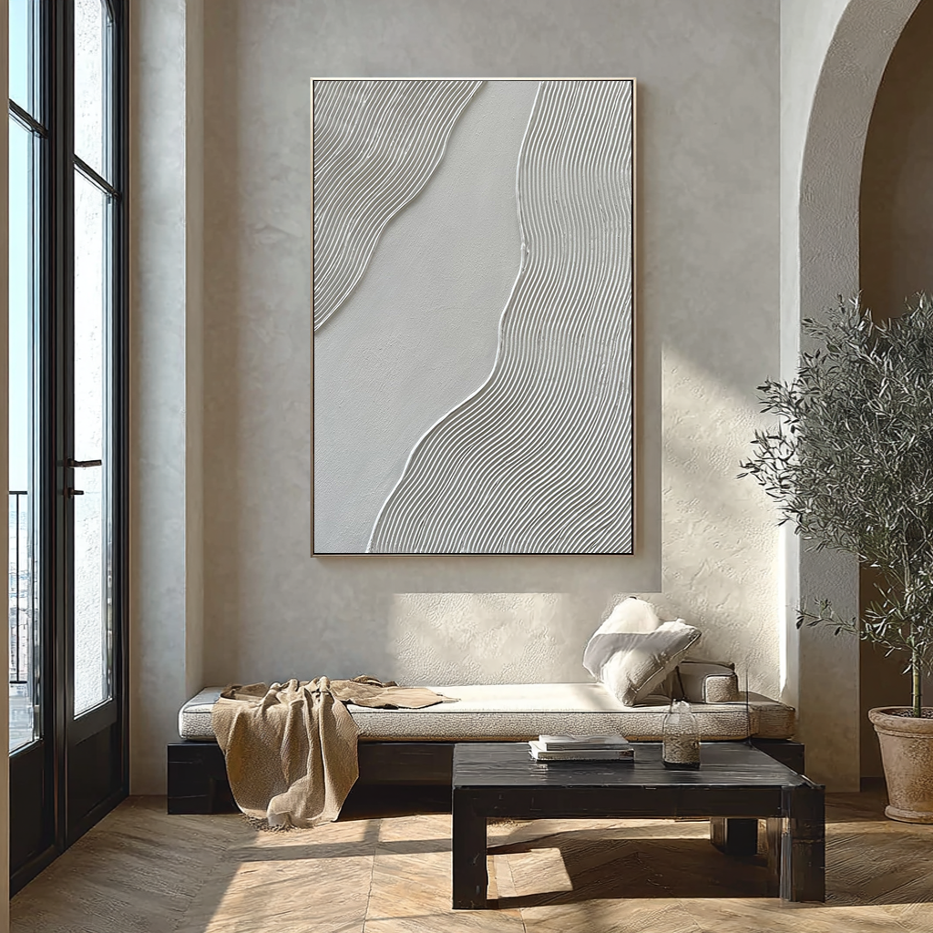 Silk Ripples – Modern White Linear Wave Relief Texture Painting | Contemporary Plaster Texture Living Room & Office Art