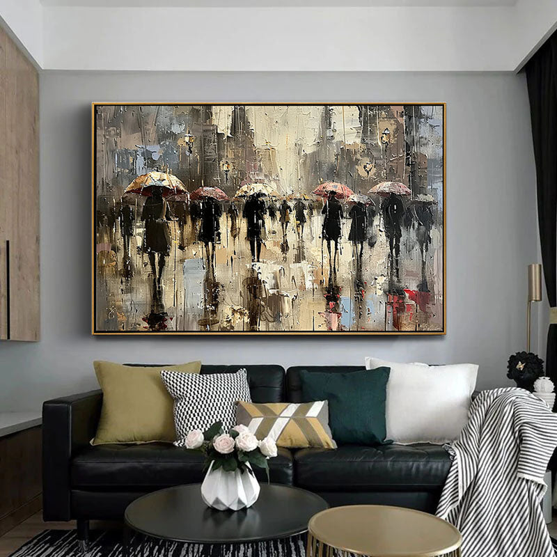 People-portraits #PE 485URBAN DRIZZLE: People Portrait Art, Hand-Painted Rainy Street Cityscape Umbrella Impressionist Textured Oil Painting