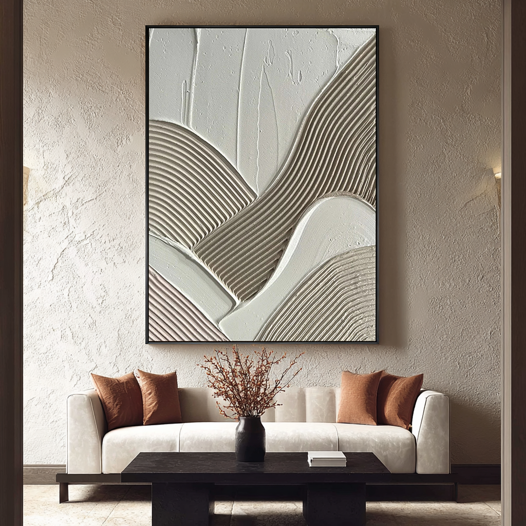 Geometric Flow – Hand-Painted Neutral Multi-Directional Plaster Relief Texture Painting | Modern Abstract Living Room & Office Art