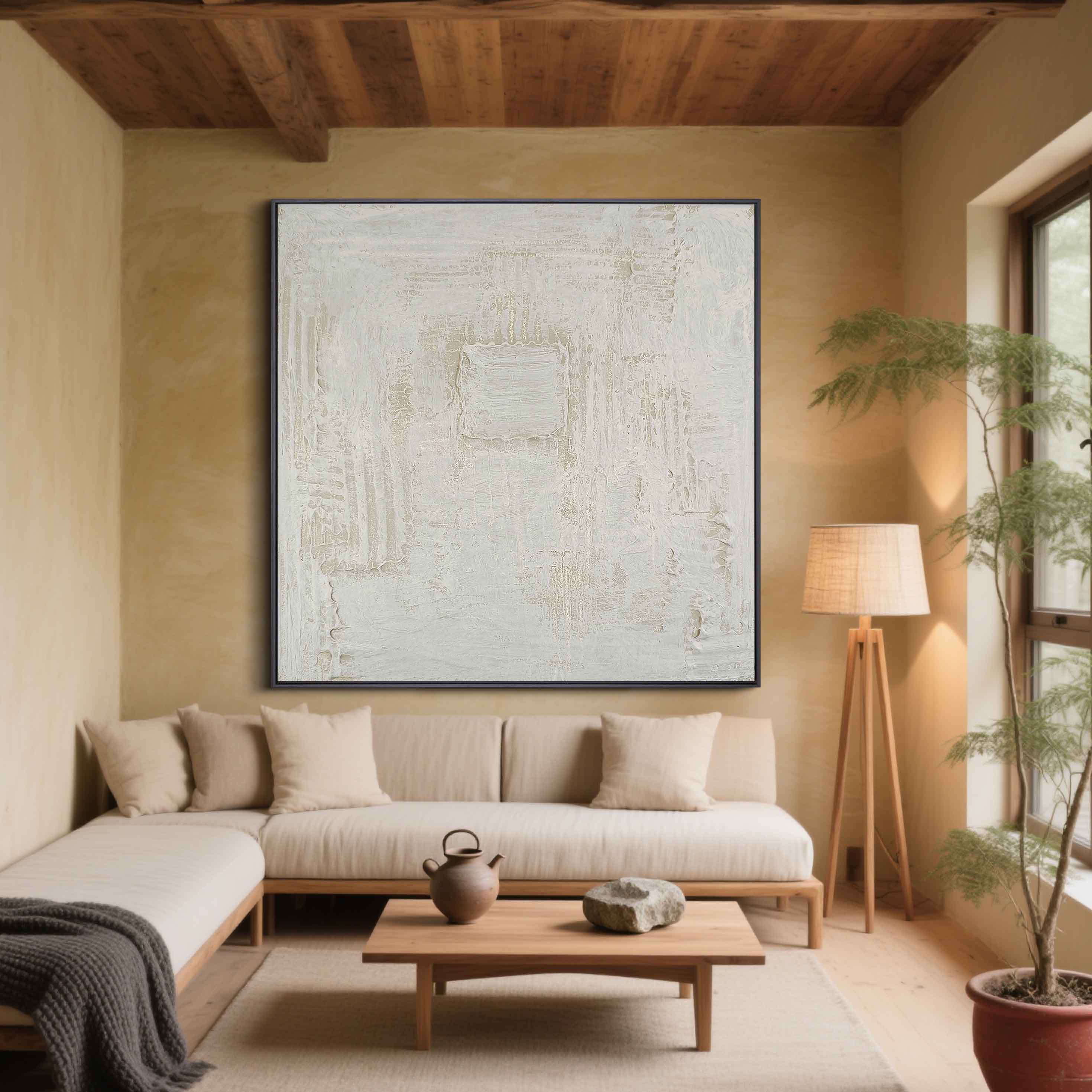 Ancient Square – Cream White Plaster Relief Wabi-Sabi Painting | Japandi Organic Wabi-Sabi Living Room & Hallway Art