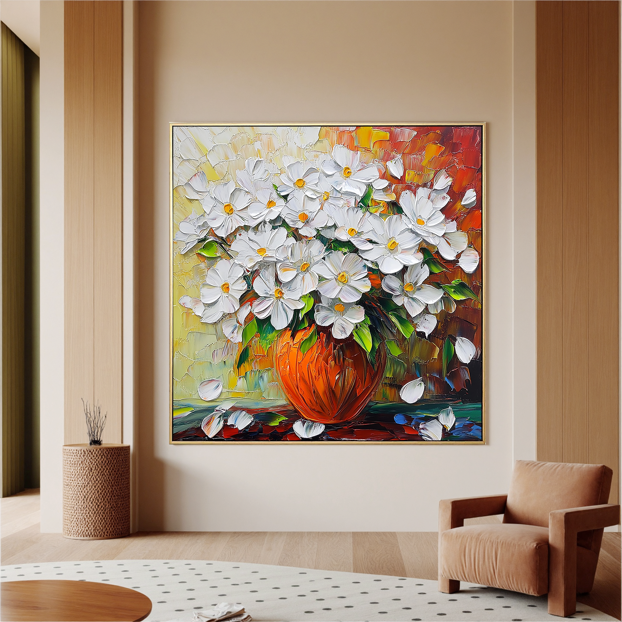 Sun-Drenched Bloom – Modern Impressionist Textured Daisy Painting | Vibrant Warm Tone Living Room Art