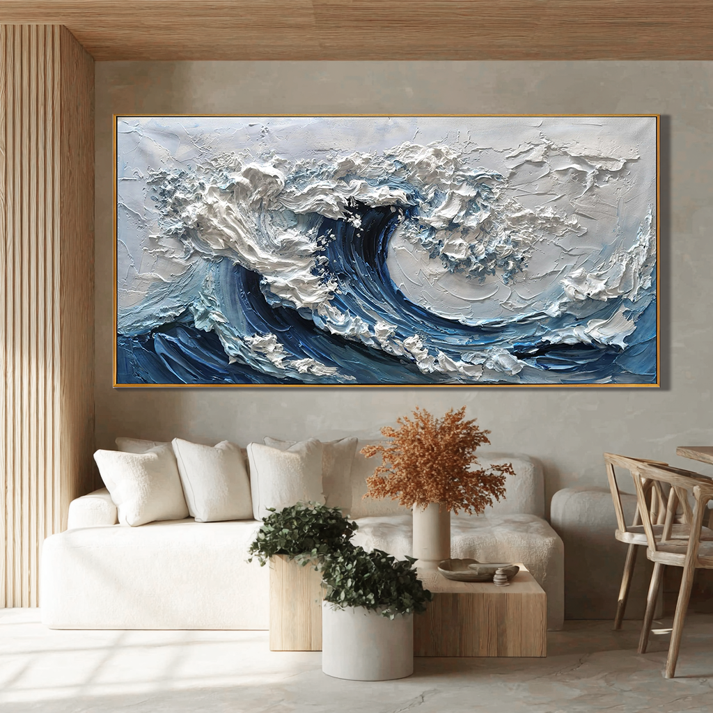 Arctic Surge – Hand-Painted Deep Blue and White 3D Impasto Palette Knife Texture Painting | Modern Abstract Living Room & Office Art