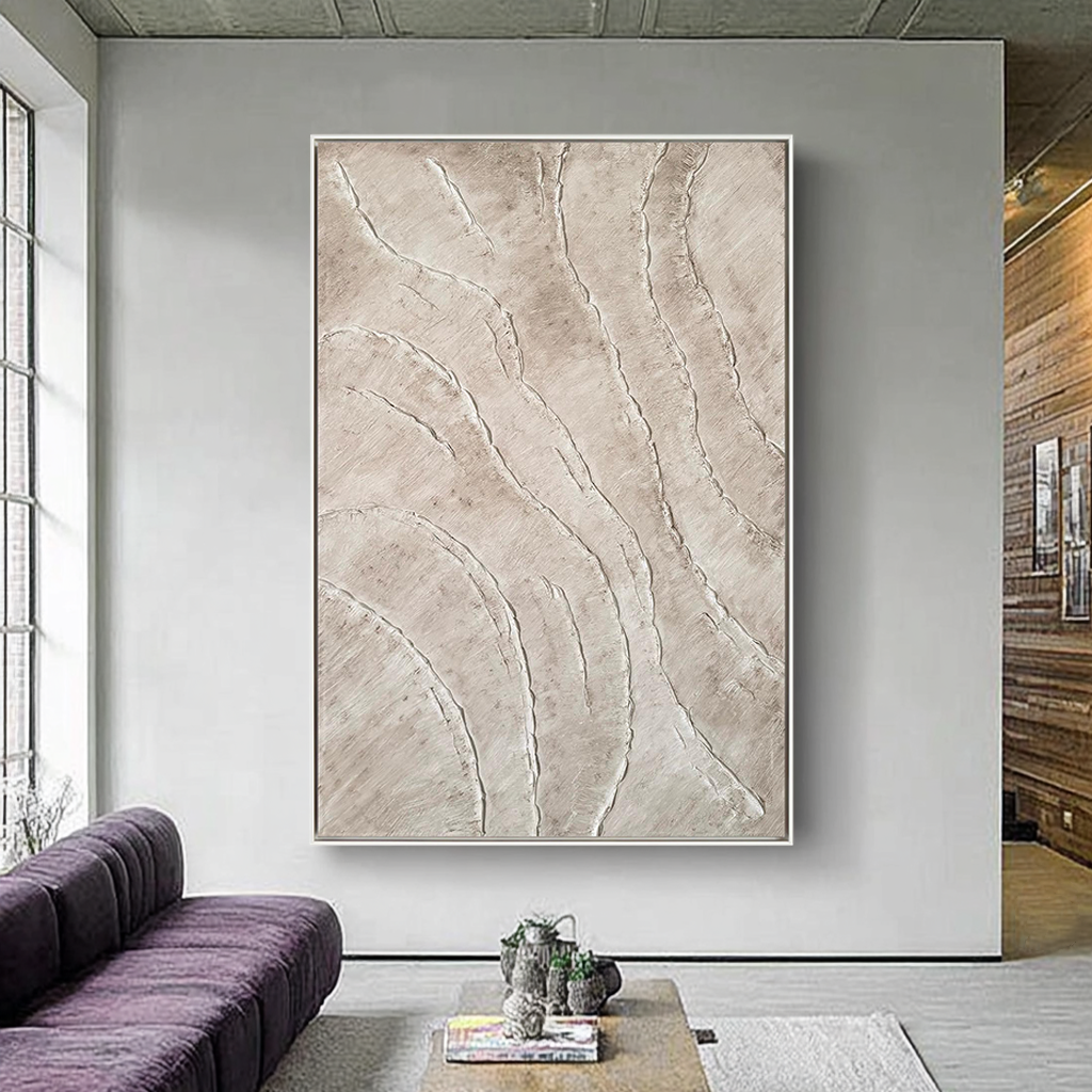 SAND RIPPLE: Wabi-Sabi Wall Art, Hand-Painted Minimalist Beige Plaster Effect Relief 3D Textured Gallery Art