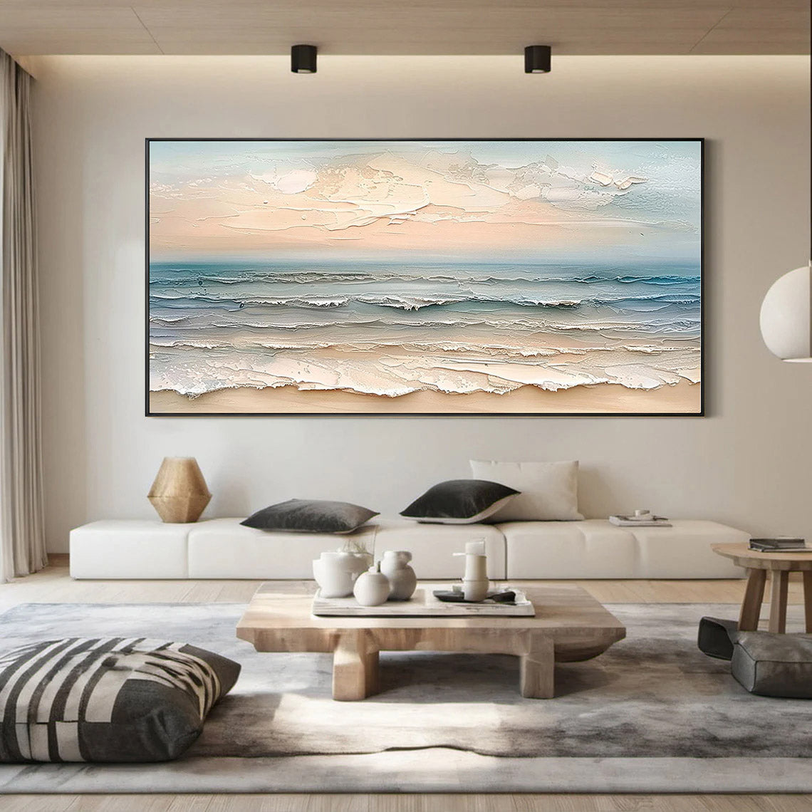 Ocean Whispers – Modern Creamy Coastal Seascape Textured Painting | Large Horizontal Living Room Art