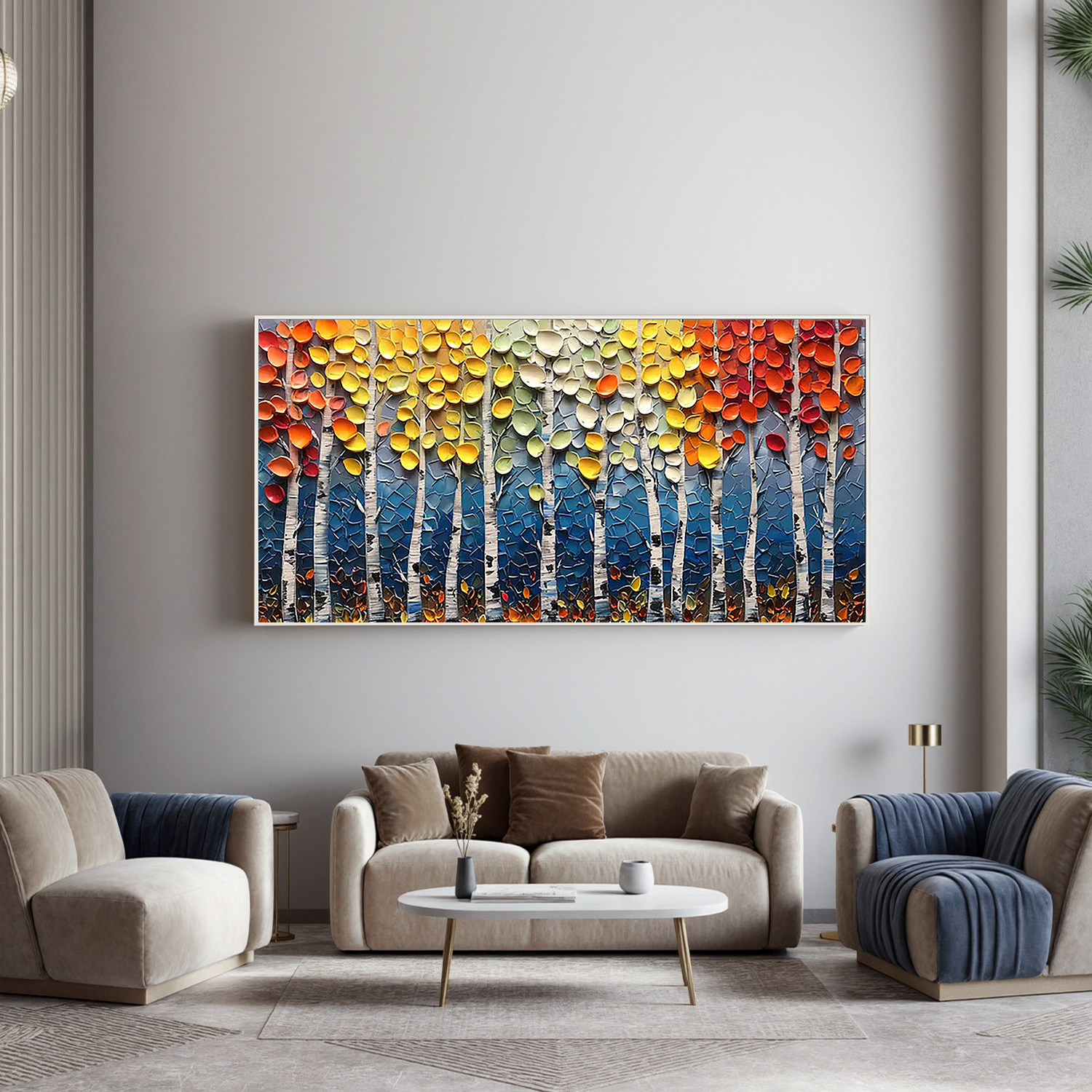 Autumn Symphony - Modern Impasto Vibrant Birch Forest Art | Cozy Living Room Panoramic Wall Decor