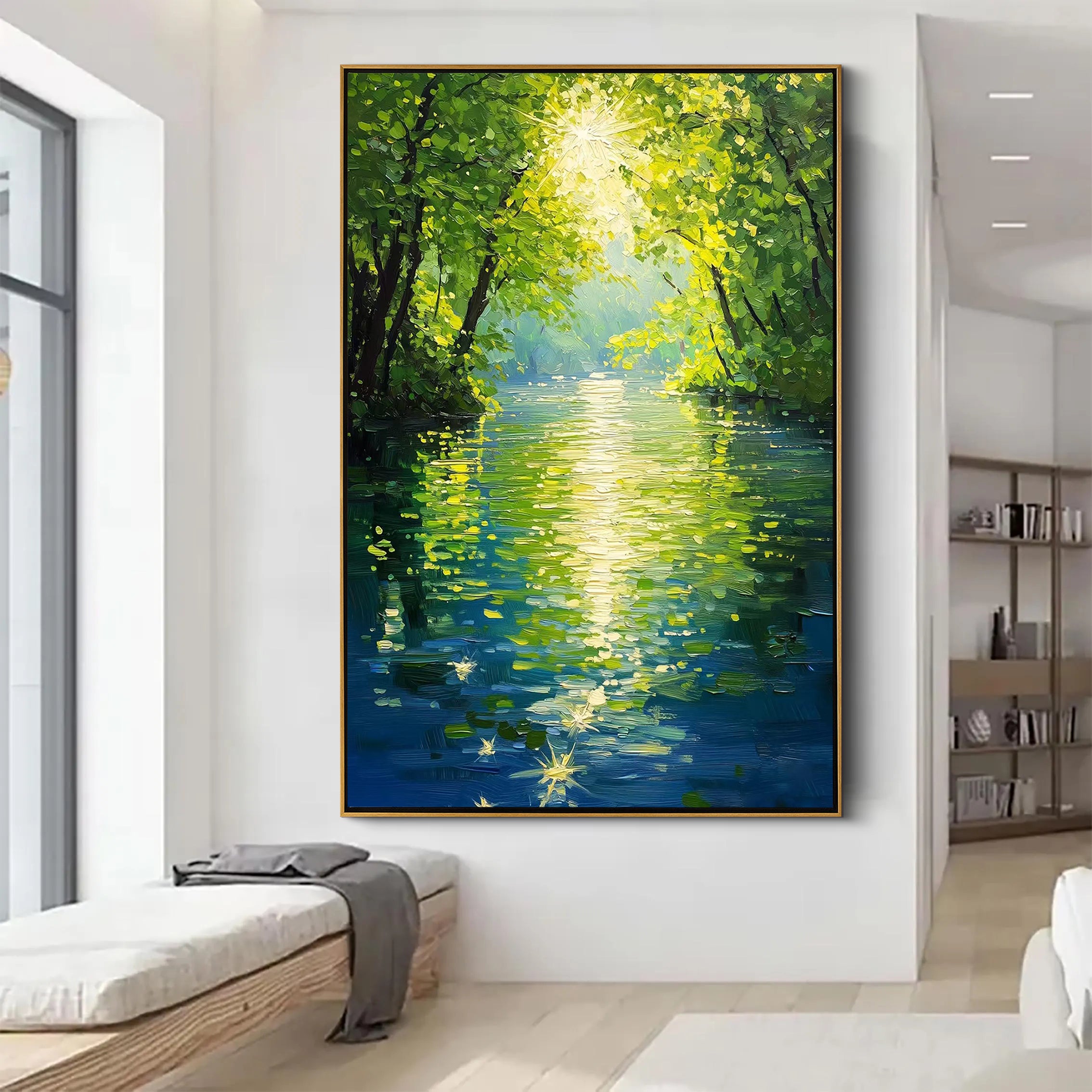 VERDANT FLOW: Landscape Wall Art, Hand-Painted Impressionist Forest River Scenery Textured Oil Painting