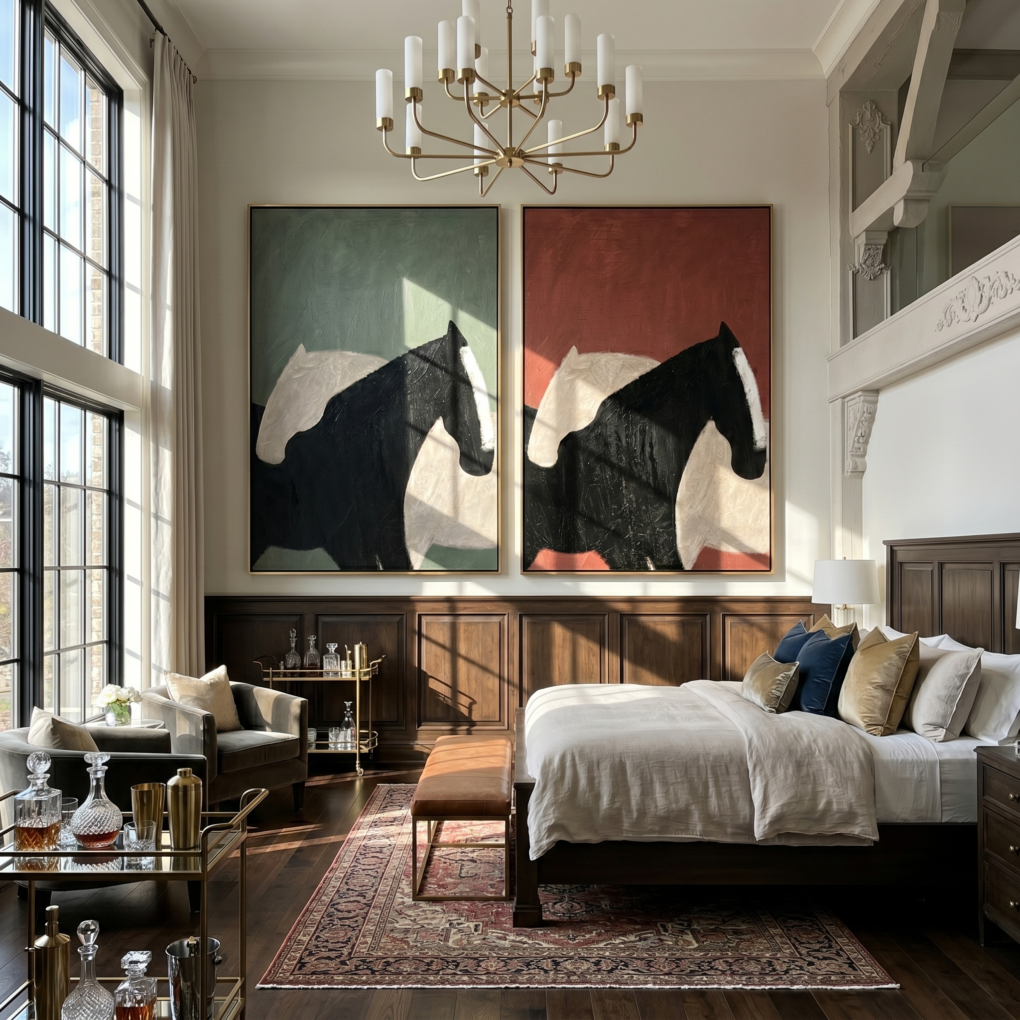 Dark Horse Diptych – Vintage Americana Abstract Black Horse Two-Panel Painting | Contemporary Modern Living Room Art