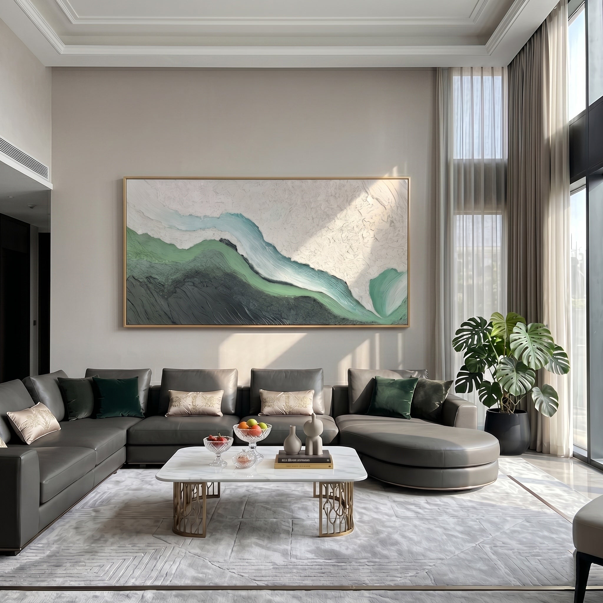 Mossy Earth – Panoramic Heavy Texture Green Abstract Painting | Wabi-s