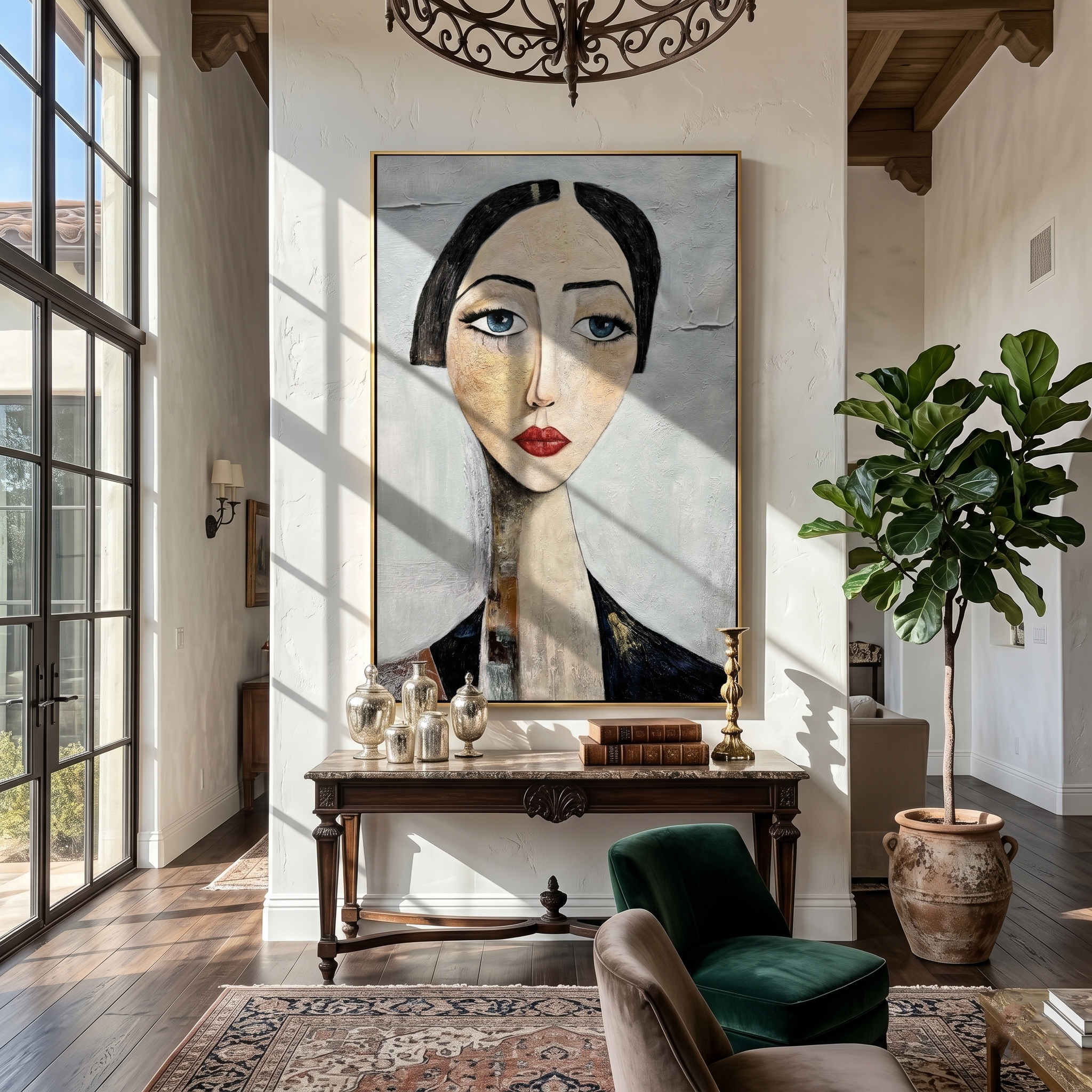 The Sapphire Gaze – Expressionist Modigliani-Style Woman Portrait Painting | Retro Minimalist Living Hallway Art
