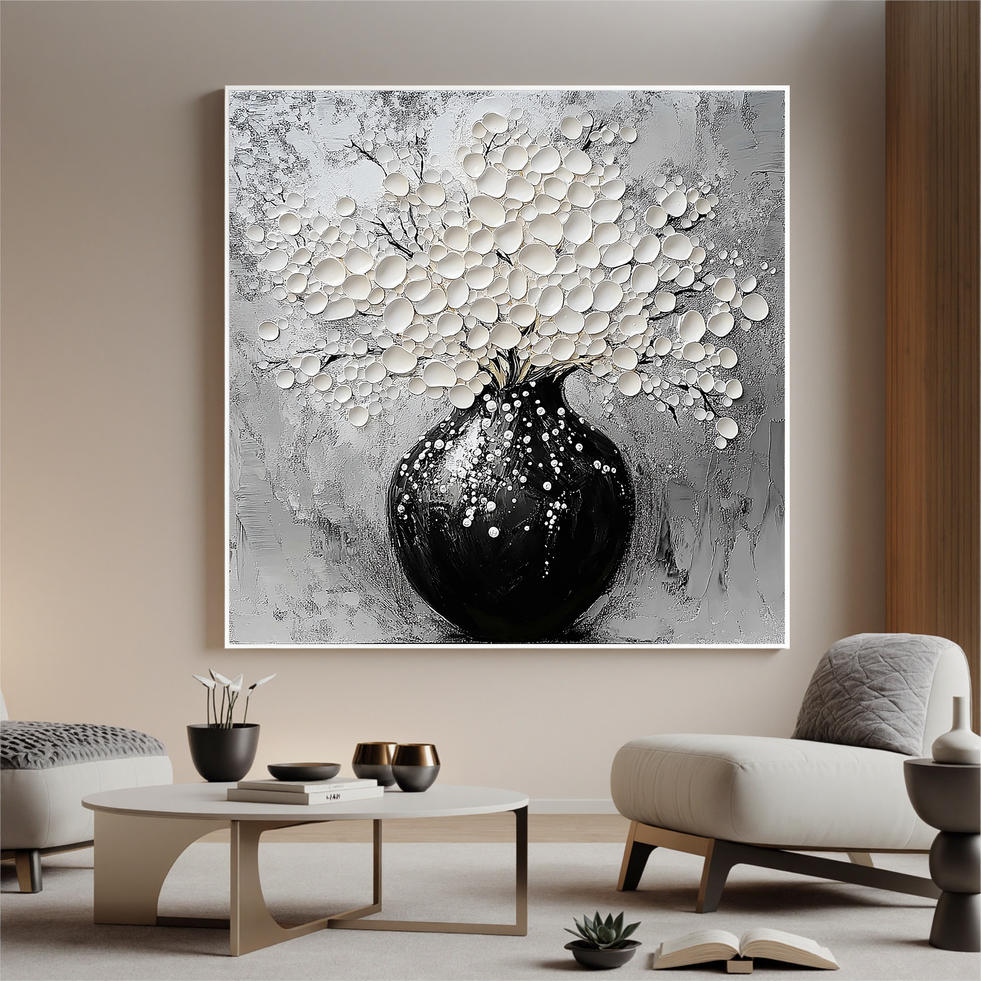 Serene Bloom – Modern Black-and-White Minimalist Relief Texture Painting |  White-Flower Hallway Art