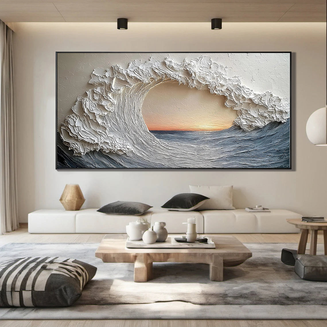 The Ocean Eye – Modern Luxury Crashing Wave Textured Painting | Panoramic Impasto Living Room Art