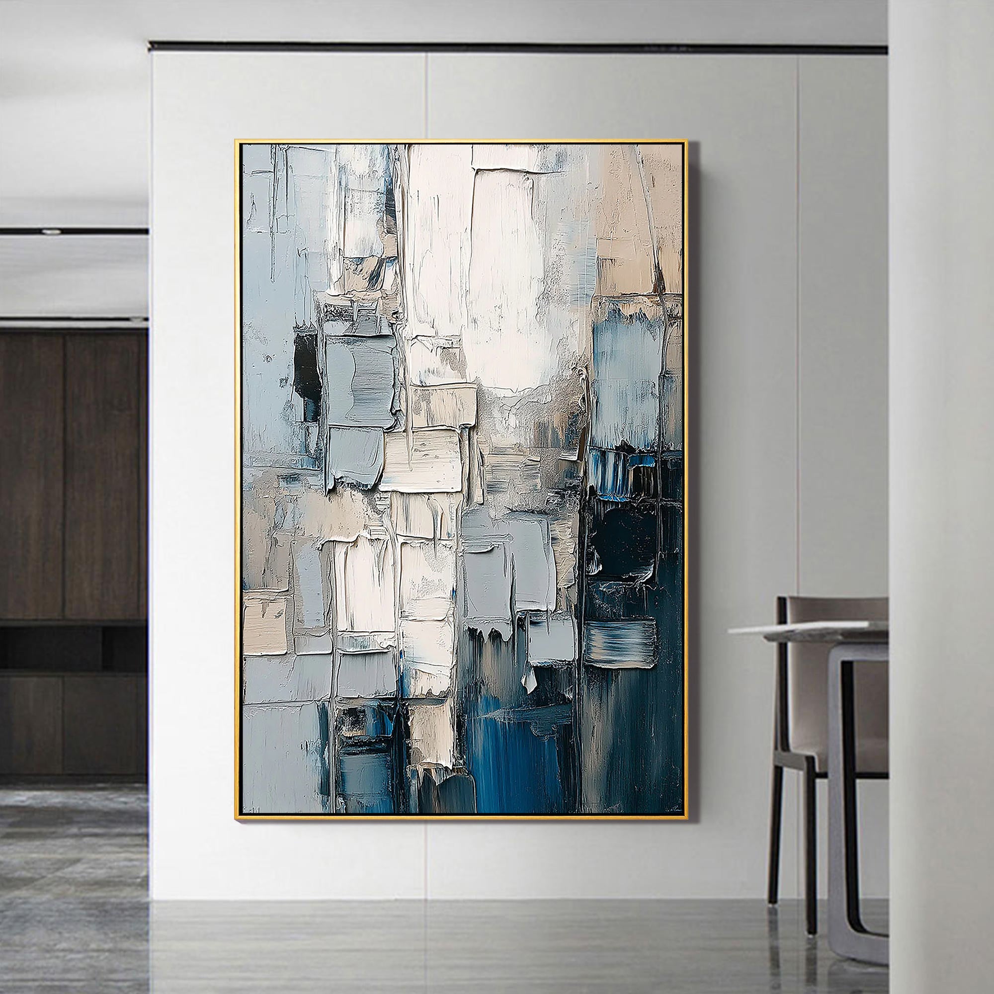 Urban Serenity – Modern Abstract Morandi Blue Grey Palette Knife Texture Painting | Modern Abstract Living Room & Office Art