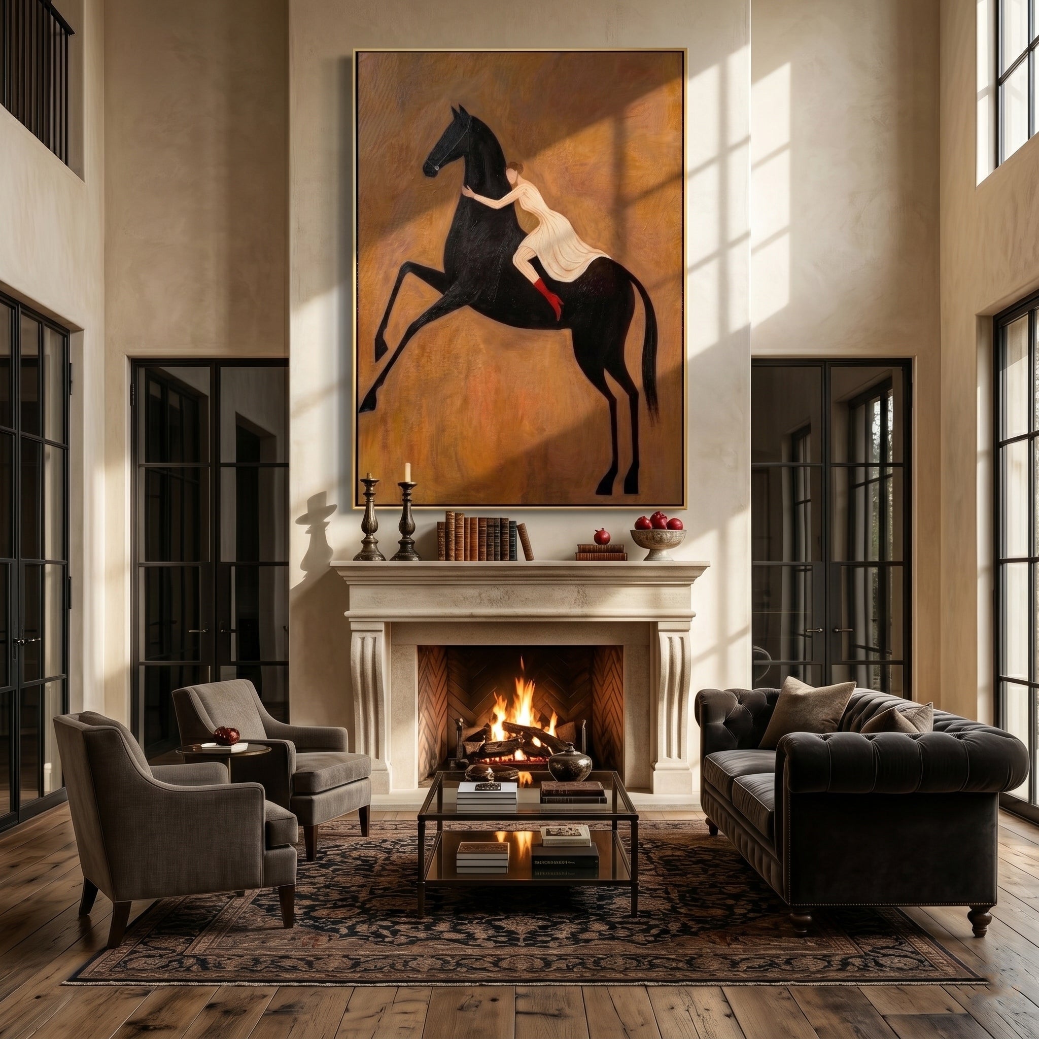 The Wild Embrace – Modern Romanticism Black Horse & Girl Painting | Rustic Caramel Home Office Art