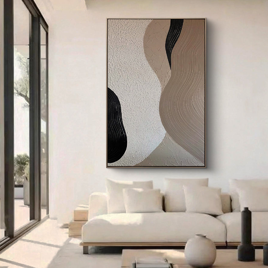 Earthen Flow – Neutral Sand & Espresso Plaster Relief Abstract Painting | Japandi Organic Wabi-Sabi Living Room & Hallway Art
