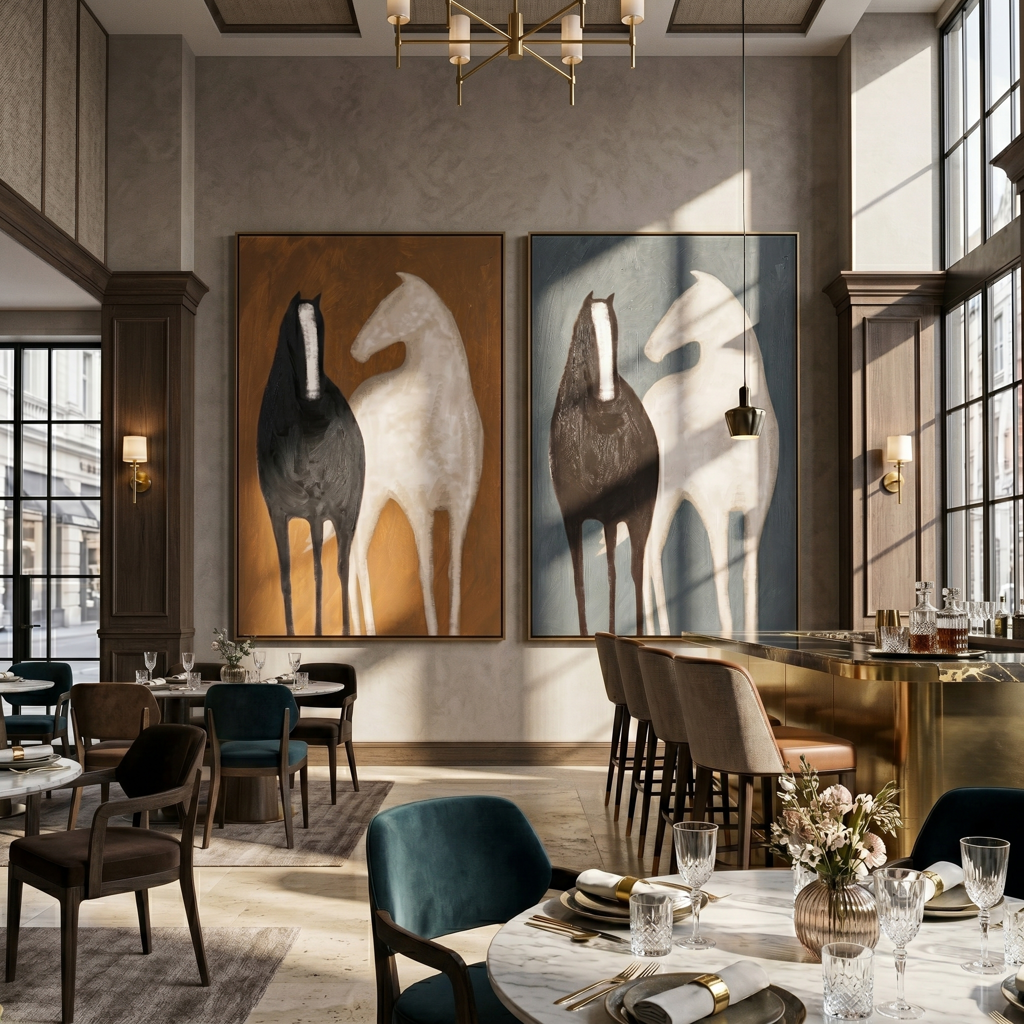 Two Grounds Diptych – Vintage Americana Black & Cream Horse Two-Panel Painting | Modern Luxury Living Room Art