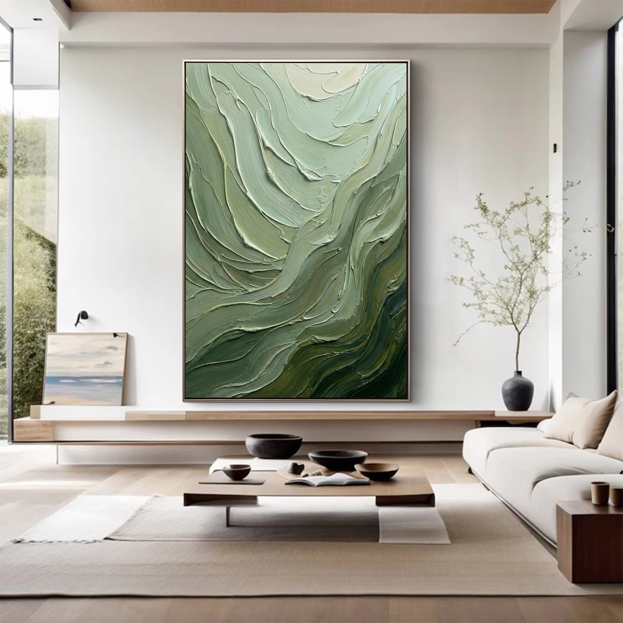 Verdant Flow – Hand-Painted Sage Green and Olive Wave Palette Knife Texture Painting | Modern Abstract Living Room & Office Art