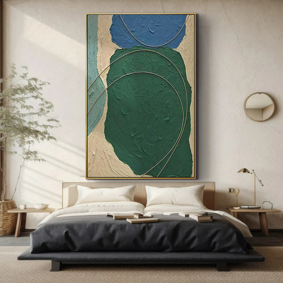 Emerald Vein – Hand-Painted Deep Green Plaster Effect Gold Line Relief Texture Painting | Modern Luxury Metallic Living Room & Hotel Art