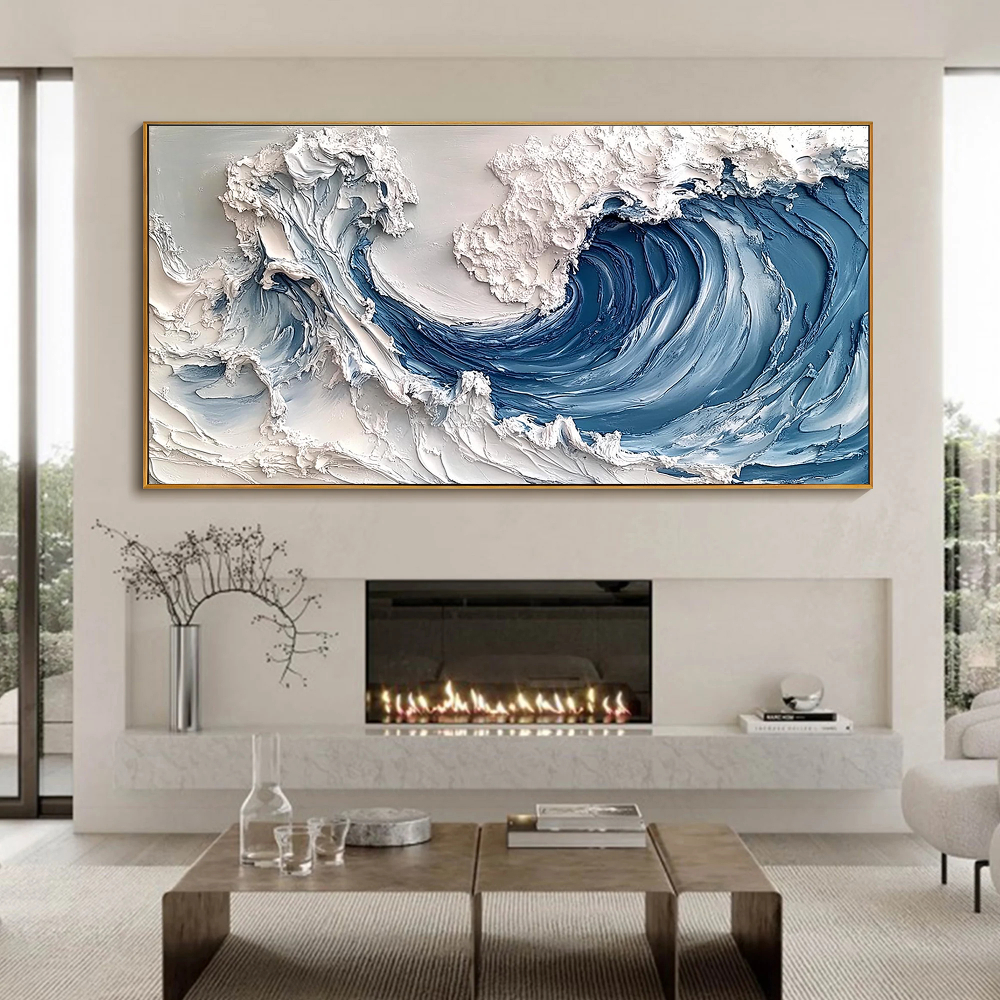 MAJESTIC CREST: Nature Wall Art, Hand-Painted Horizontal Deep Blue Ocean Wave 3D Impasto Heavy Texture Canvas Painting