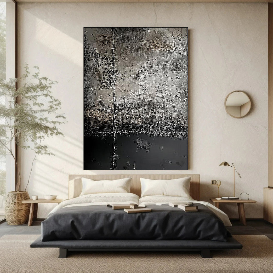 Urban Fossil – Hand-Painted Distressed Charcoal Grey Plaster Effect Relief Modern Wabi-Sabi Painting | Modern Noir Wabi-Sabi Living Room & Home Office Art