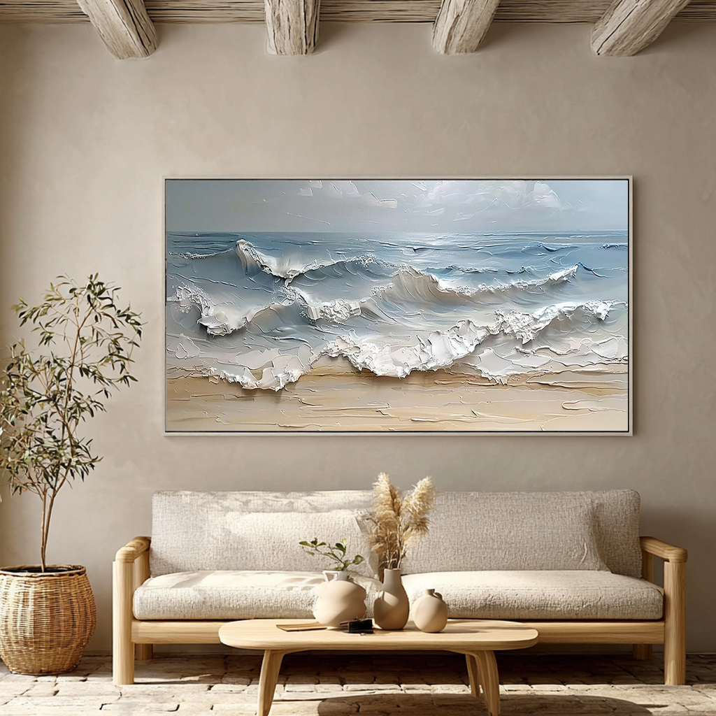 Shoreline Echo – Hand-Painted Creamy Sand Beach Wave Palette Knife Thick Textured Oil Seascape Painting | Contemporary Landscape Living Room & Dining Room Art