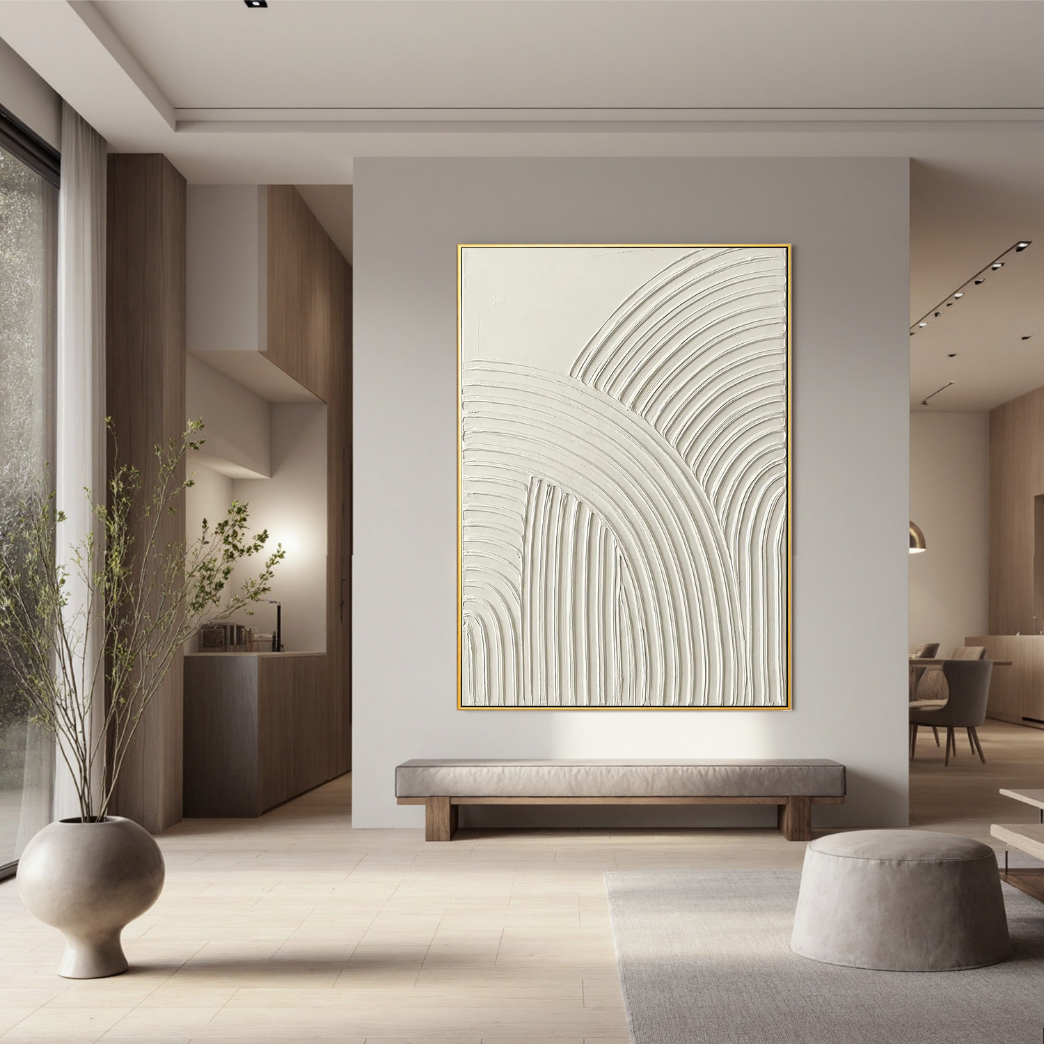 Sacred Arches – Minimalist Cream White Arch Textured Painting | Modern Geometric Plaster Hallway Art