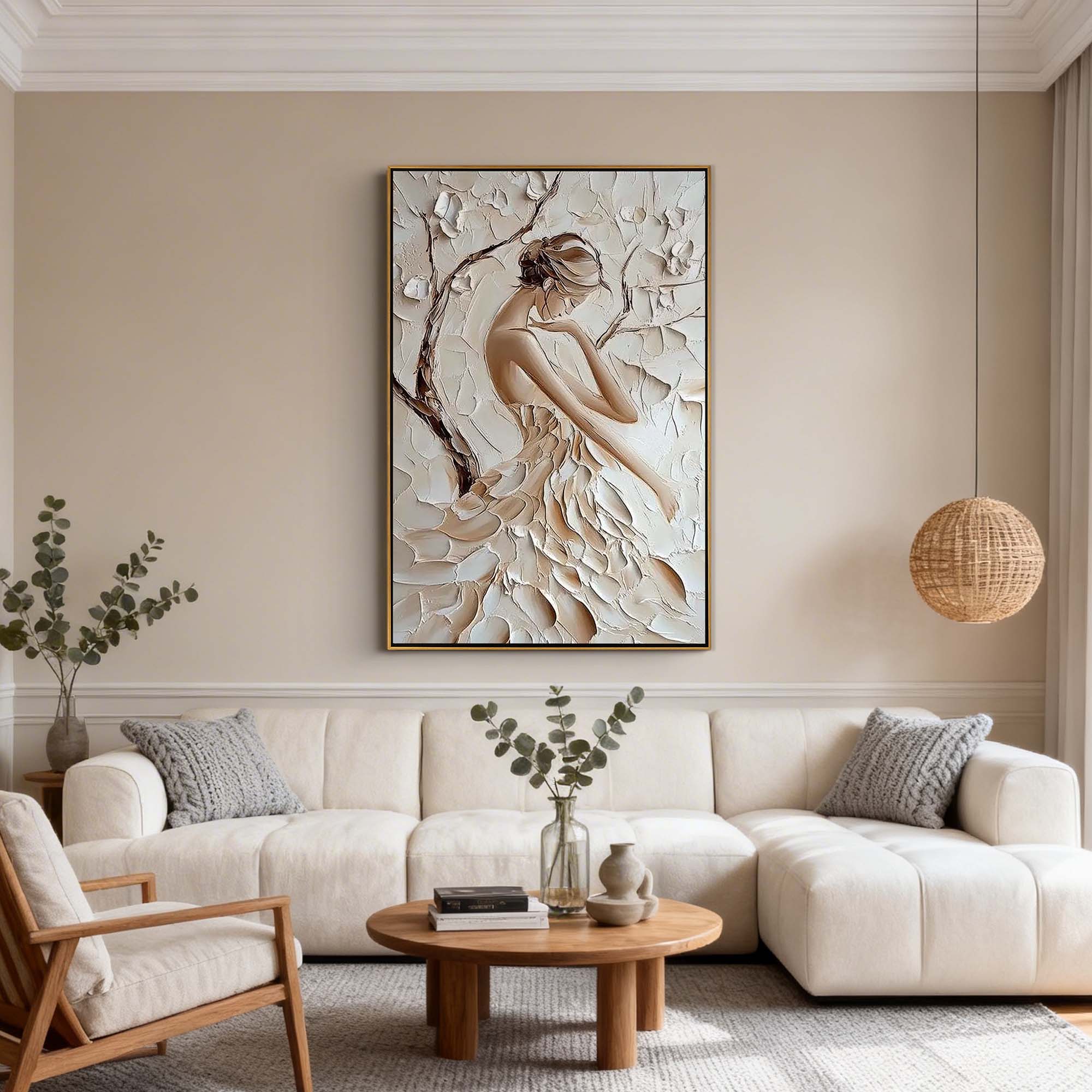 Elegance in Bloom – Modern French Luxury Creamy Textured Painting | Petal Dress Lady Bedroom Art