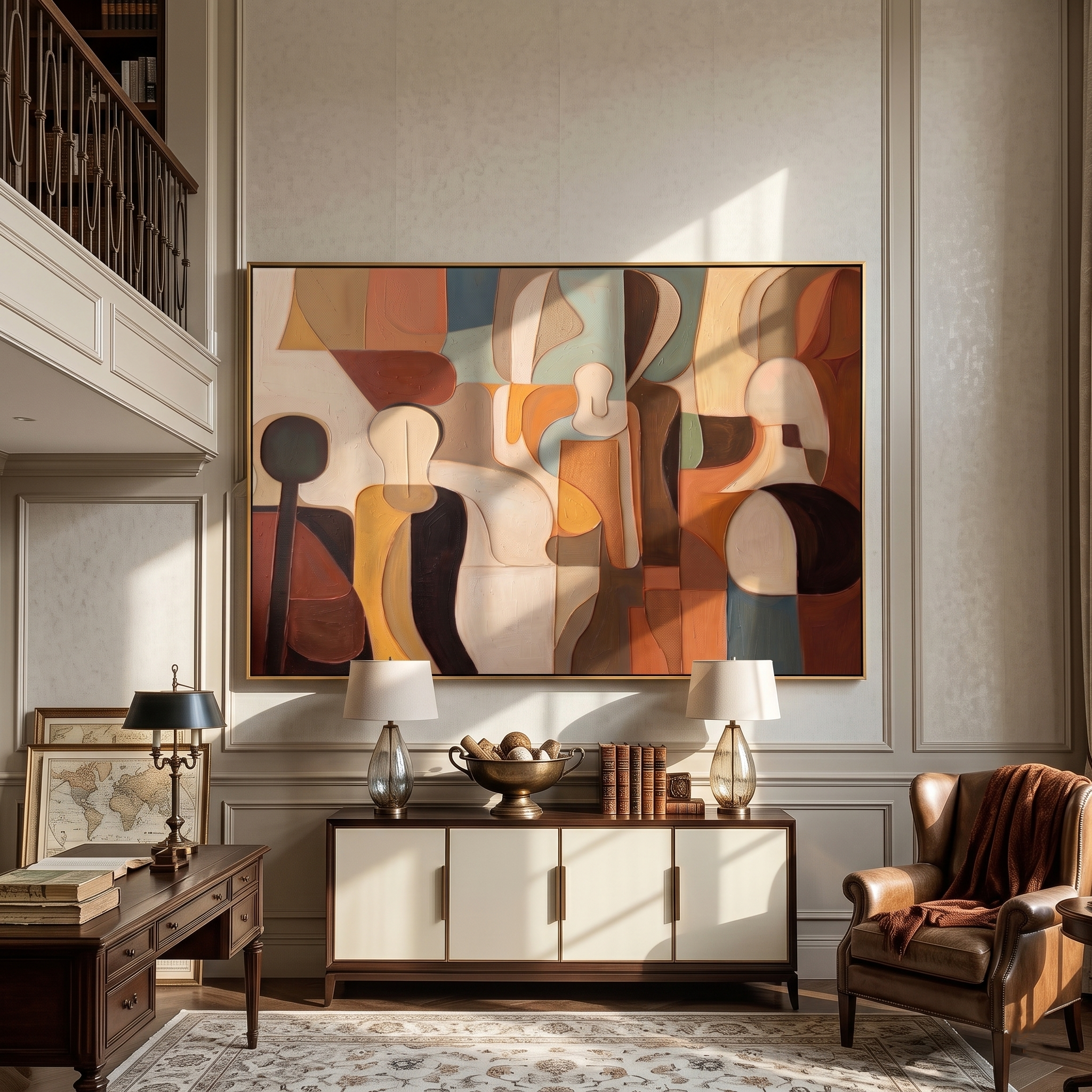 The Gathering Form – Earth-Tone Abstract Cubist Painting | Mid-Century Modern Living Room Art
