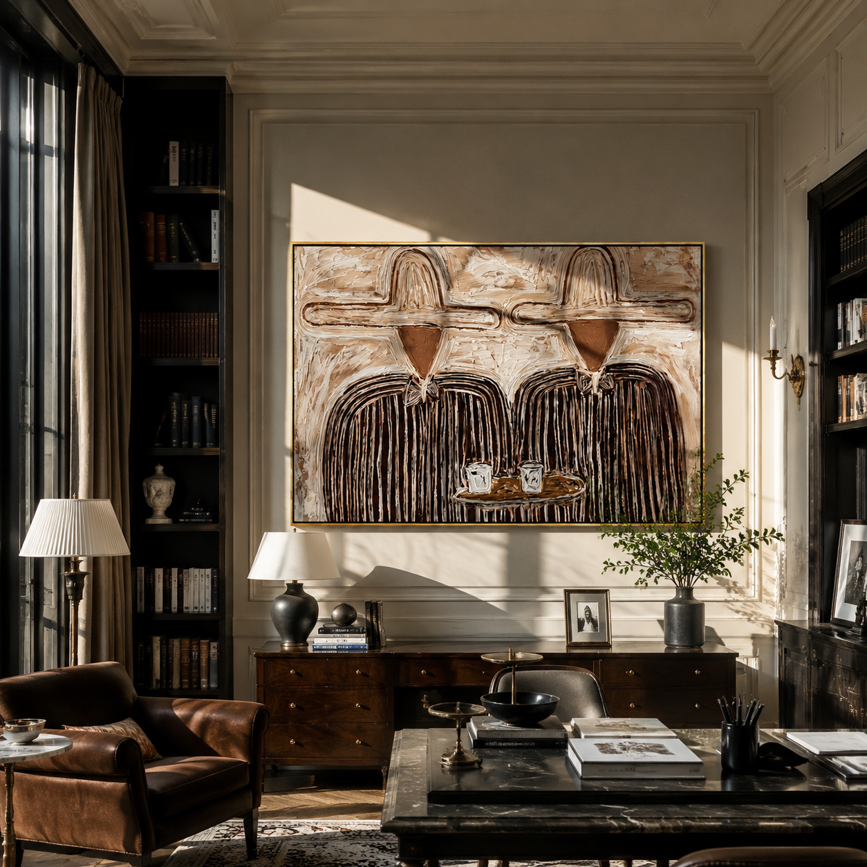 Quiet Brew – Modern Cream & Brown Heavy Textured Figures Painting | Minimalist Living Room Art