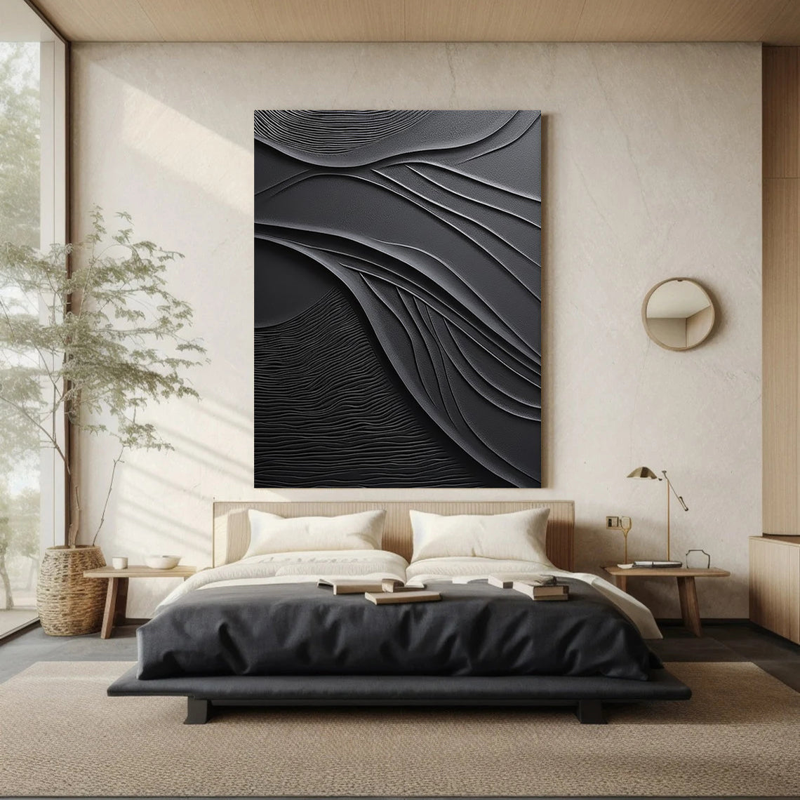 Shadow Curvature – Hand-Painted All-Black Minimalist Fluid Wave Plaster Relief Texture Painting | Bold Minimalist Bedroom & Home Office Art
