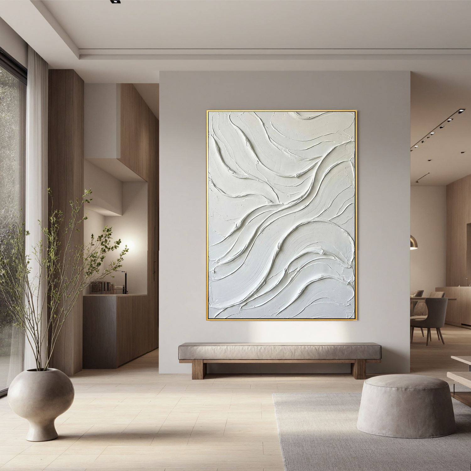 Fluid Harmony – Minimalist Wave Textured Painting | Modern Cream Style Plaster Line Bedroom Art