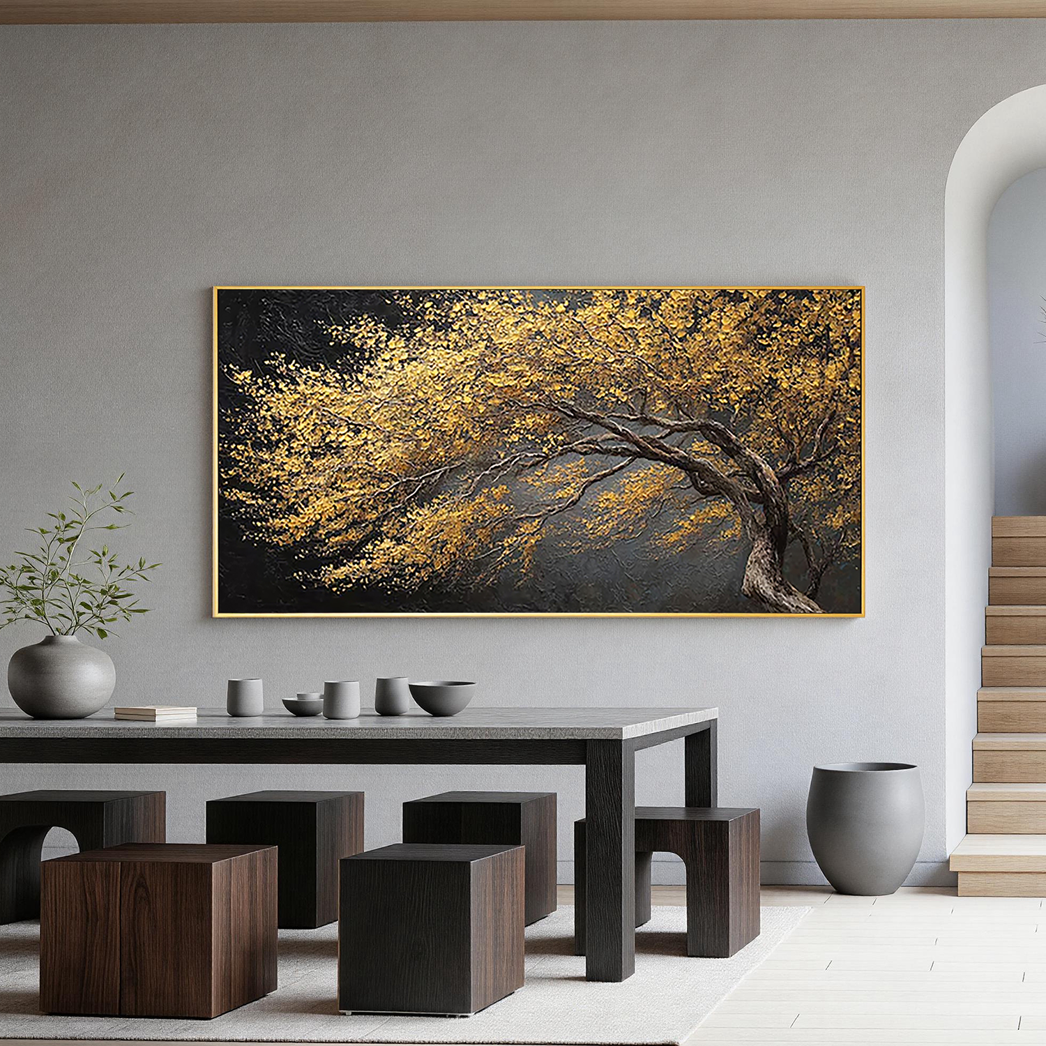 GILDED HORIZON: Panoramic 3D Heavy Texture Tree Wall Art, Luxury Gold Leaf Abstract Painting