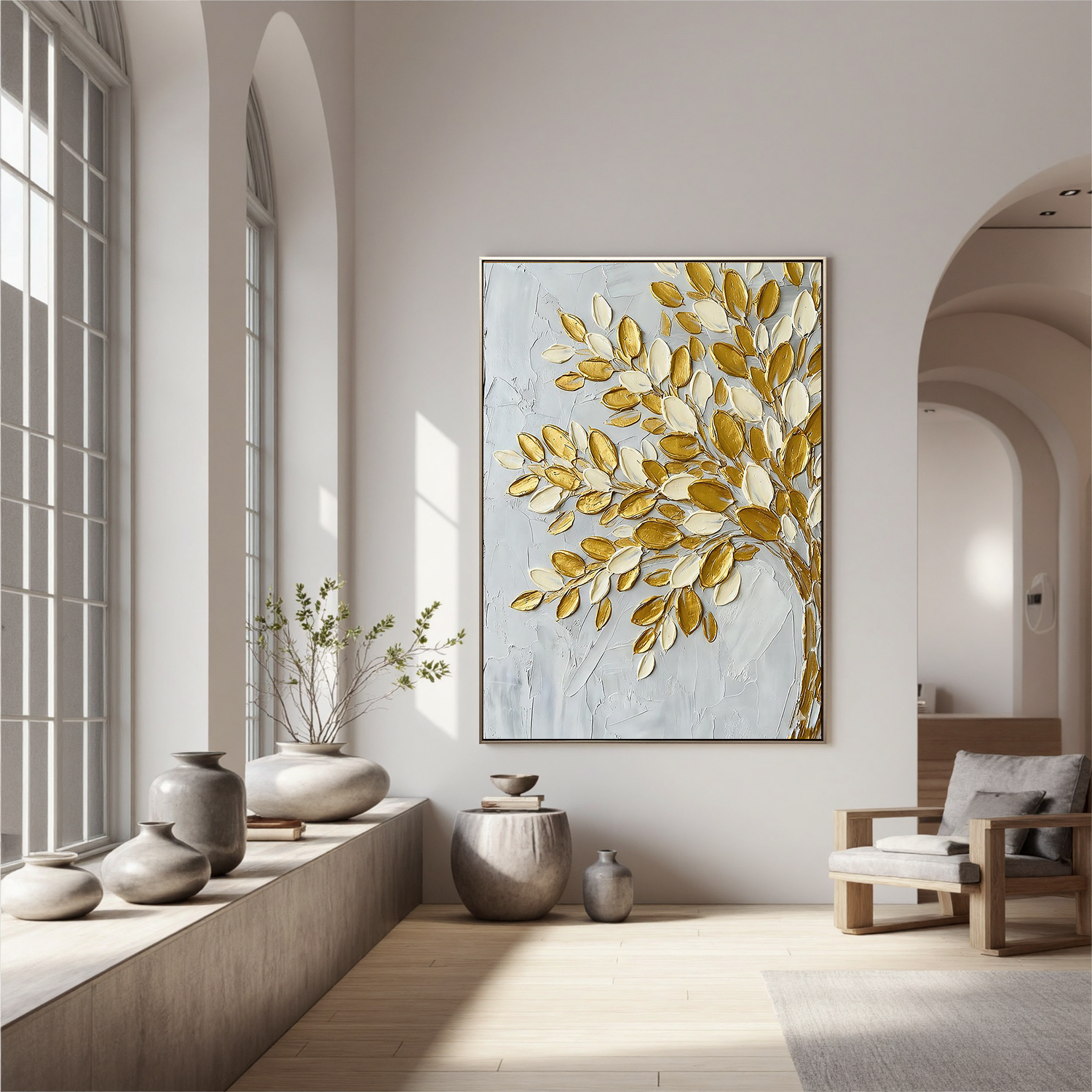 Gilded Prosperity – Modern Metallic Botanical Painting | Impasto Gold Leaf Tree Canvas Living Room Art