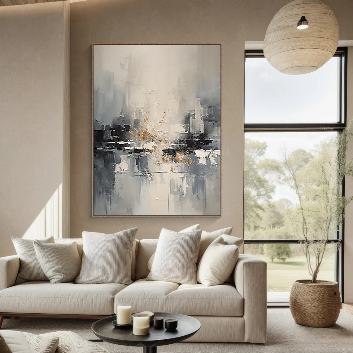 Urban Reflection – Hand-Painted Grey and Gold Foil Palette Knife Abstract Painting | Modern Abstract Living Room & Office Art
