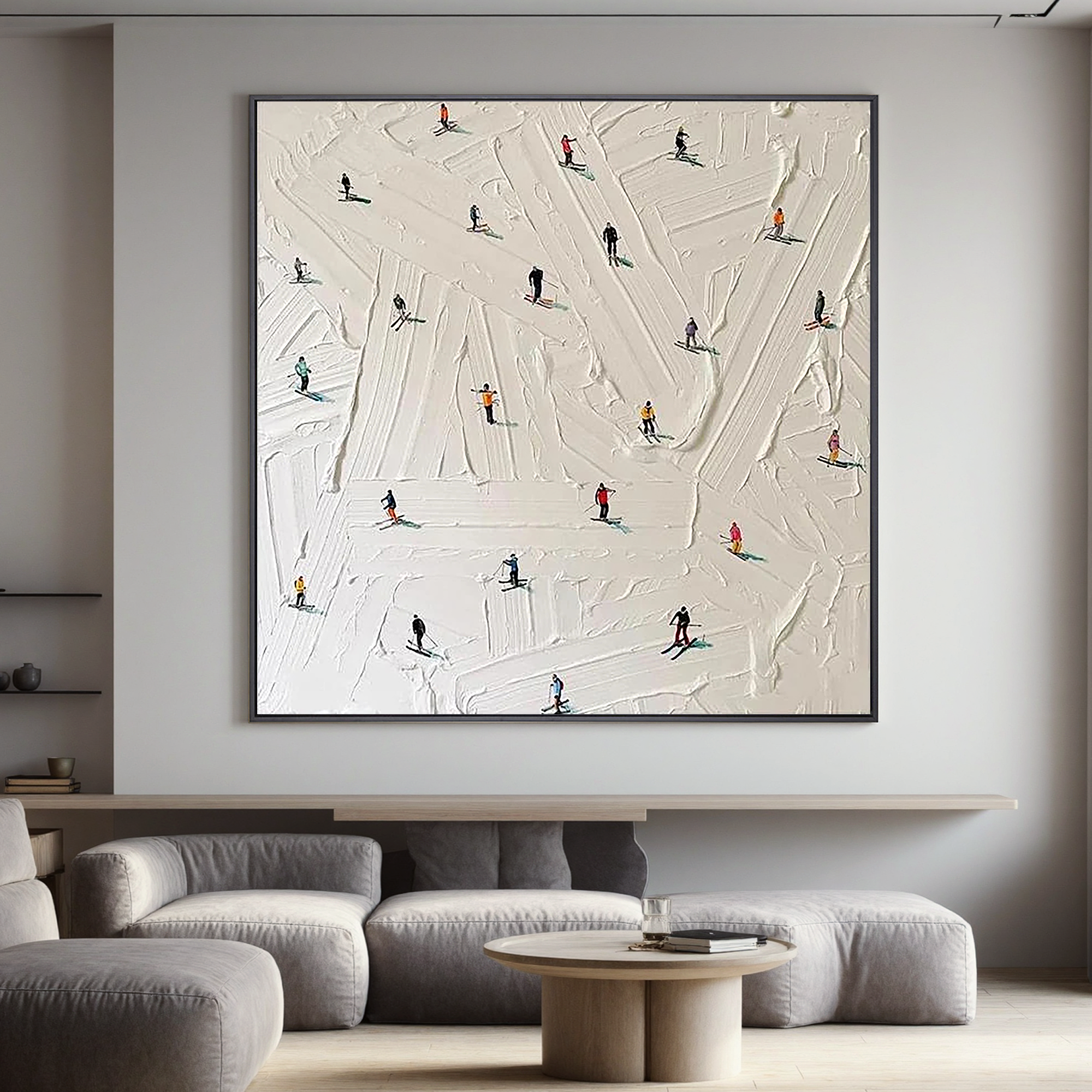 Winter Slopes – Modern Textured Skiing Scene Painting | Minimalist Miniature Figures Entryway Art