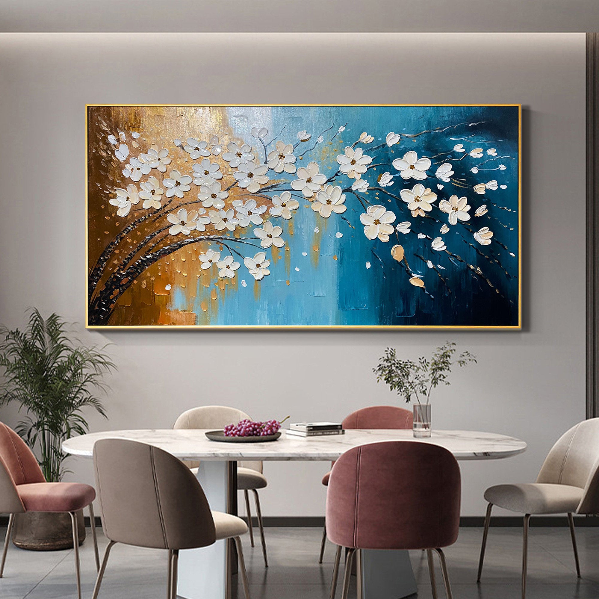 Golden Blossoms – Modern Blue and Gold Tree Hand-Painted Floral Painting | Modern Luxury Botanical Bedroom & Living Room Art