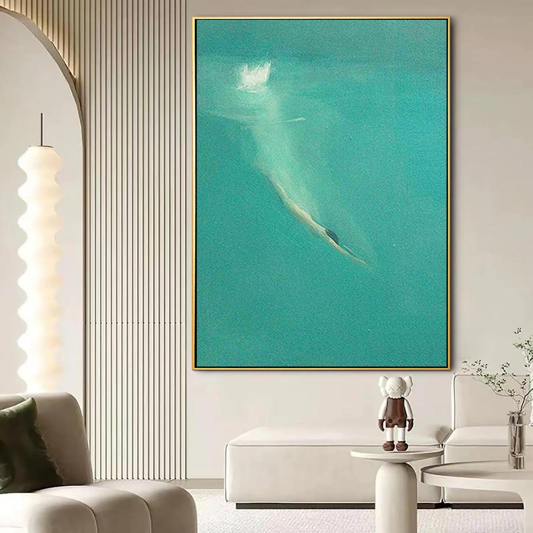 Summer Dive – Modern Minimalist Turquoise Ocean Diver Painting | Large Framed Canvas Hallway Art