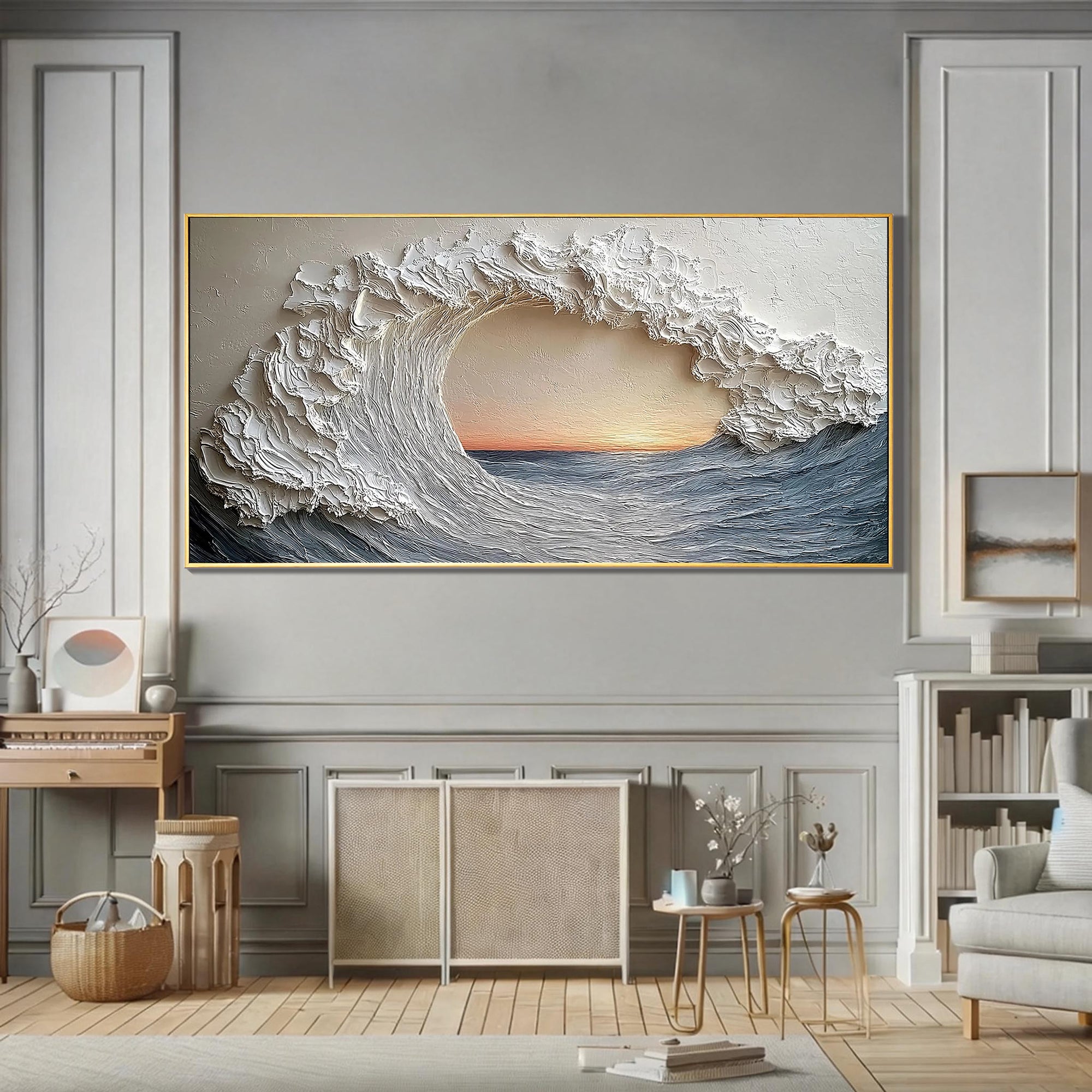 The Ocean Eye – Modern Luxury Crashing Wave Textured Painting | Panoramic Impasto Living Room Art