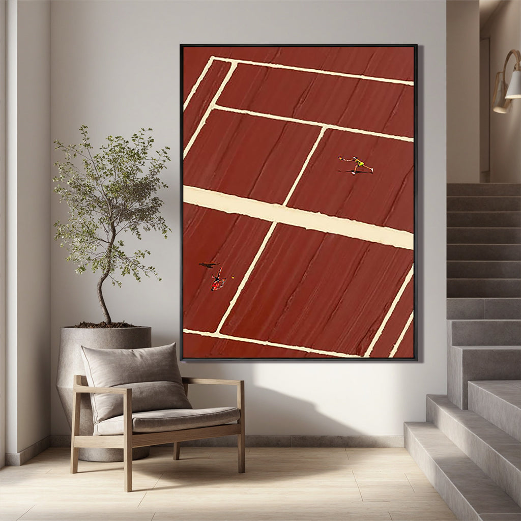 Clay Court – Minimalist Red Clay Tennis Court Hand-Painted Geometric Sport Painting | Contemporary Sport Home Office & Living Room Art