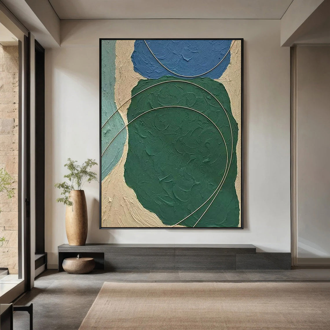 Emerald Vein – Hand-Painted Deep Green Plaster Effect Gold Line Relief Texture Painting | Modern Luxury Metallic Living Room & Hotel Art