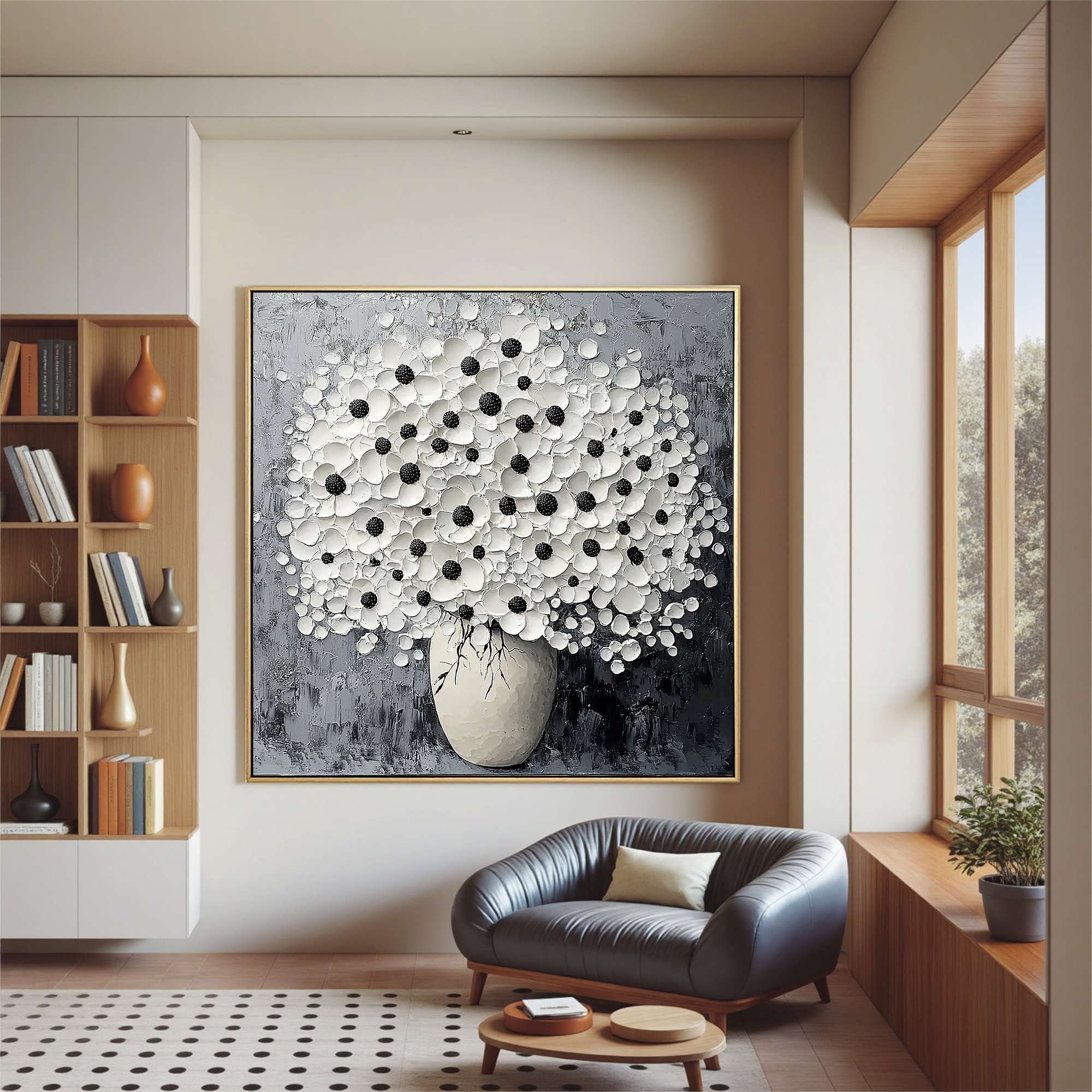 Monochrome Bloom – Modern Textured Black and White Floral Painting | Minimalist Impasto Still Life Vase Hallway Art