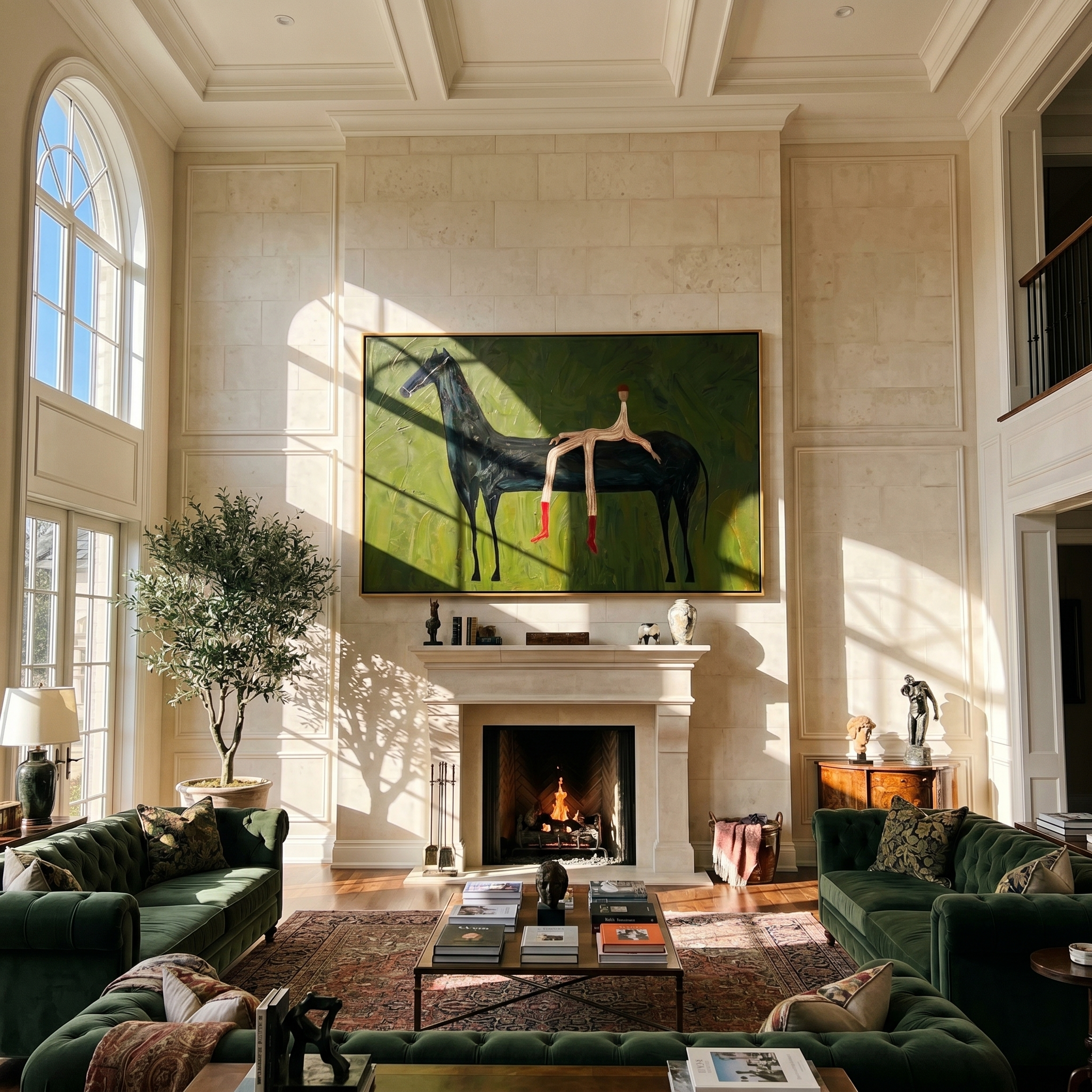 The Wilderness Rider – Modern Wabi-Sabi Dark Green Black Horse Painting | Minimalist Horizontal Living Room Art