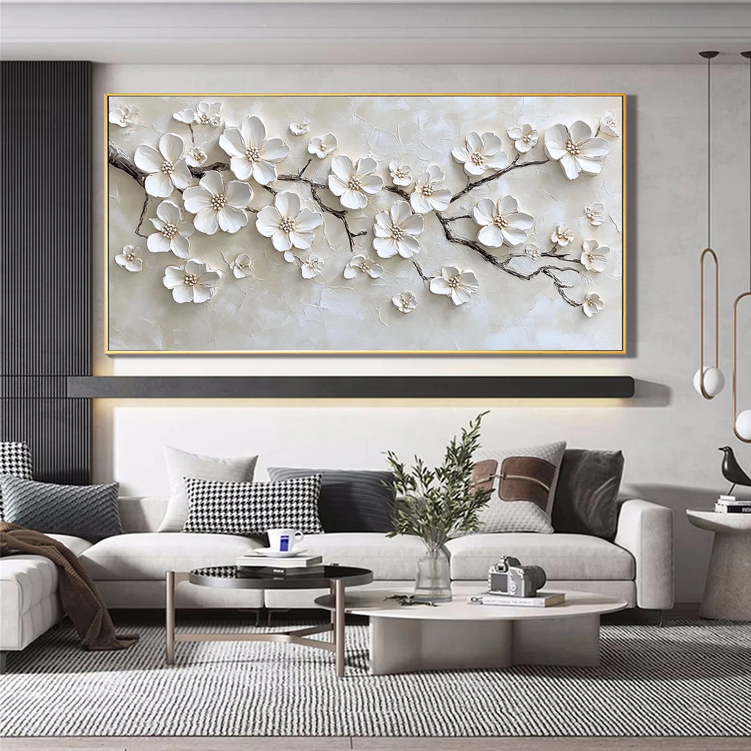 Serene Blossoms – Modern Luxury Creamy Beige Blossom Tree Painting |Horizontal Textured Dining Room Art